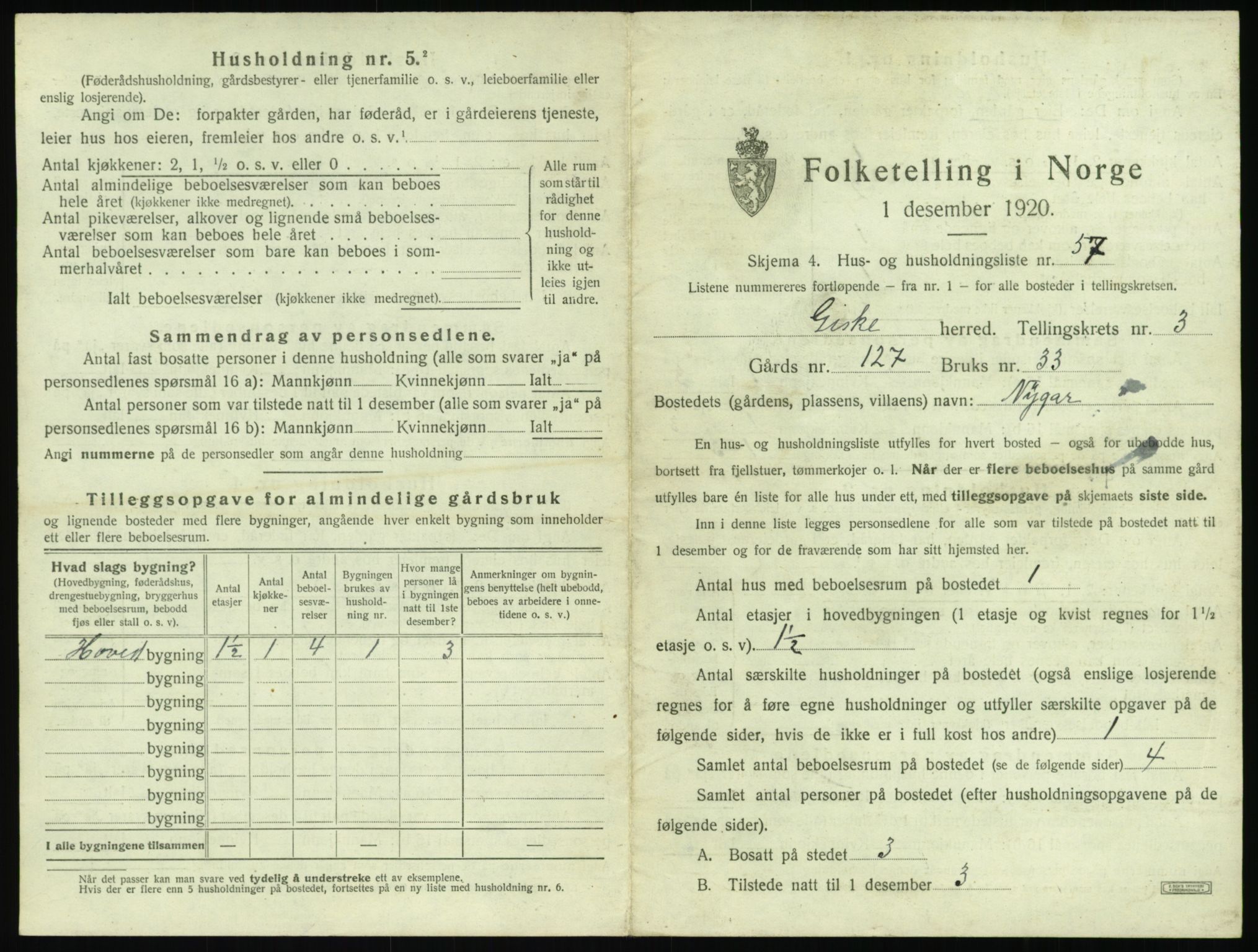 SAT, 1920 census for Giske, 1920, p. 280