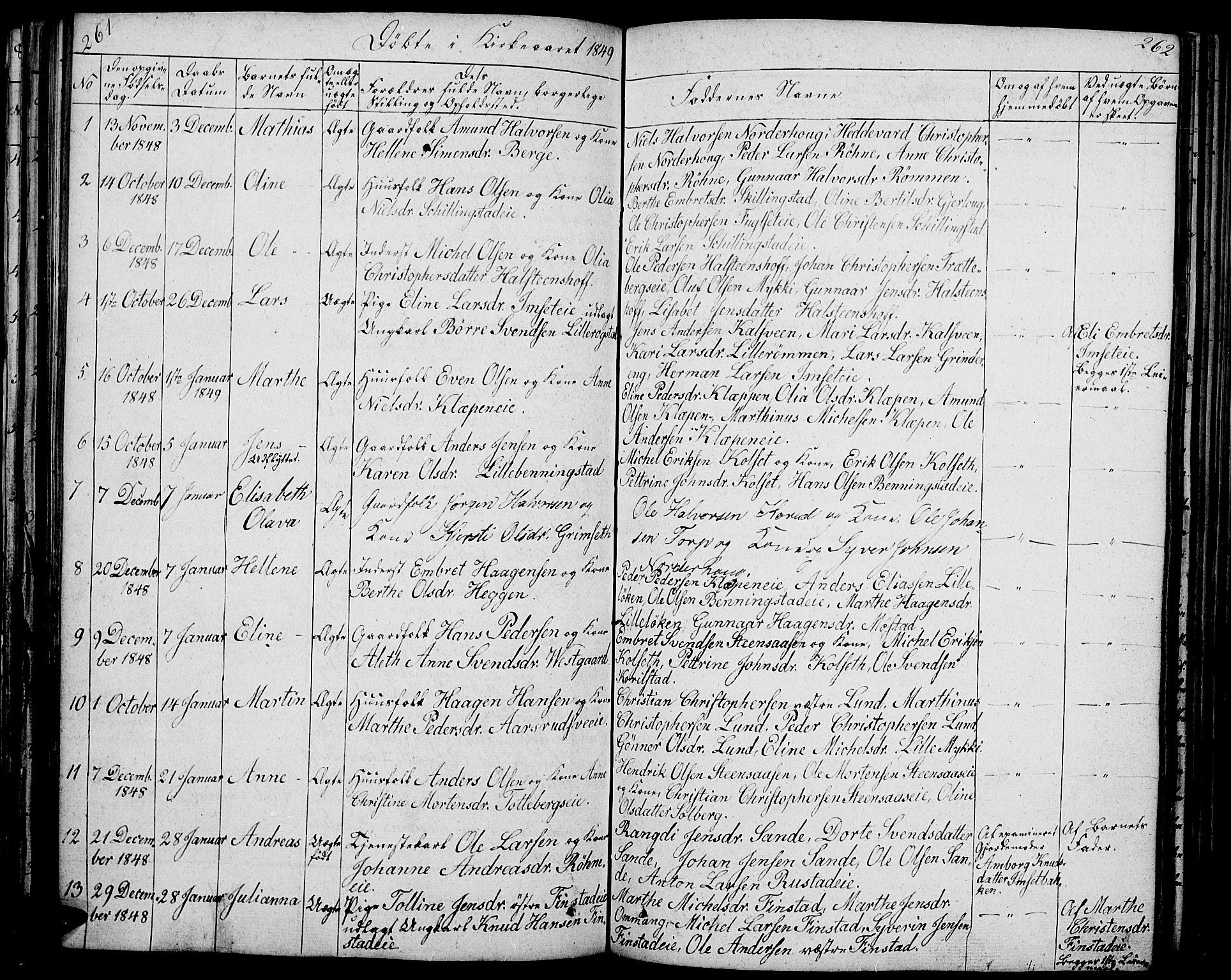 Løten prestekontor, AV/SAH-PREST-022/L/La/L0002: Parish register (copy) no. 2, 1832-1850, p. 261-262