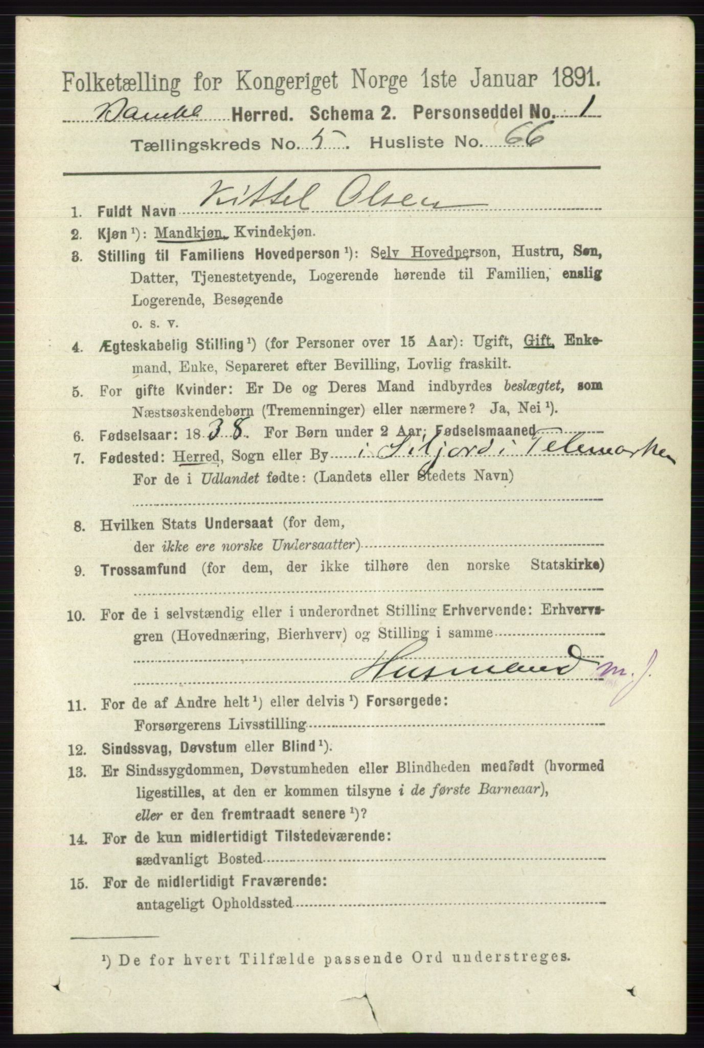 RA, 1891 census for 0814 Bamble, 1891, p. 2651