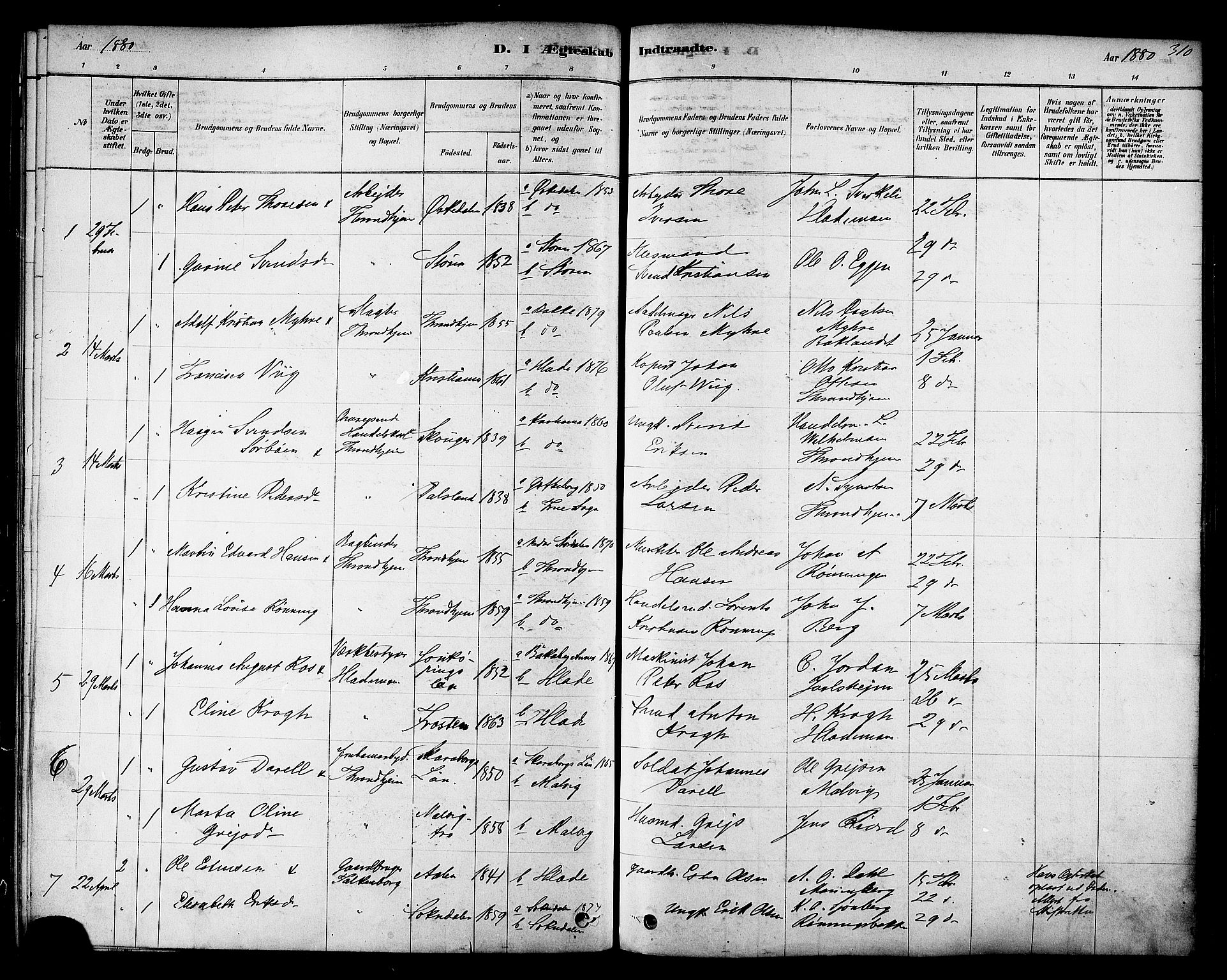 Ministerialprotokoller, klokkerbøker og fødselsregistre - Sør-Trøndelag, SAT/A-1456/606/L0294: Parish register (official) no. 606A09, 1878-1886, p. 310