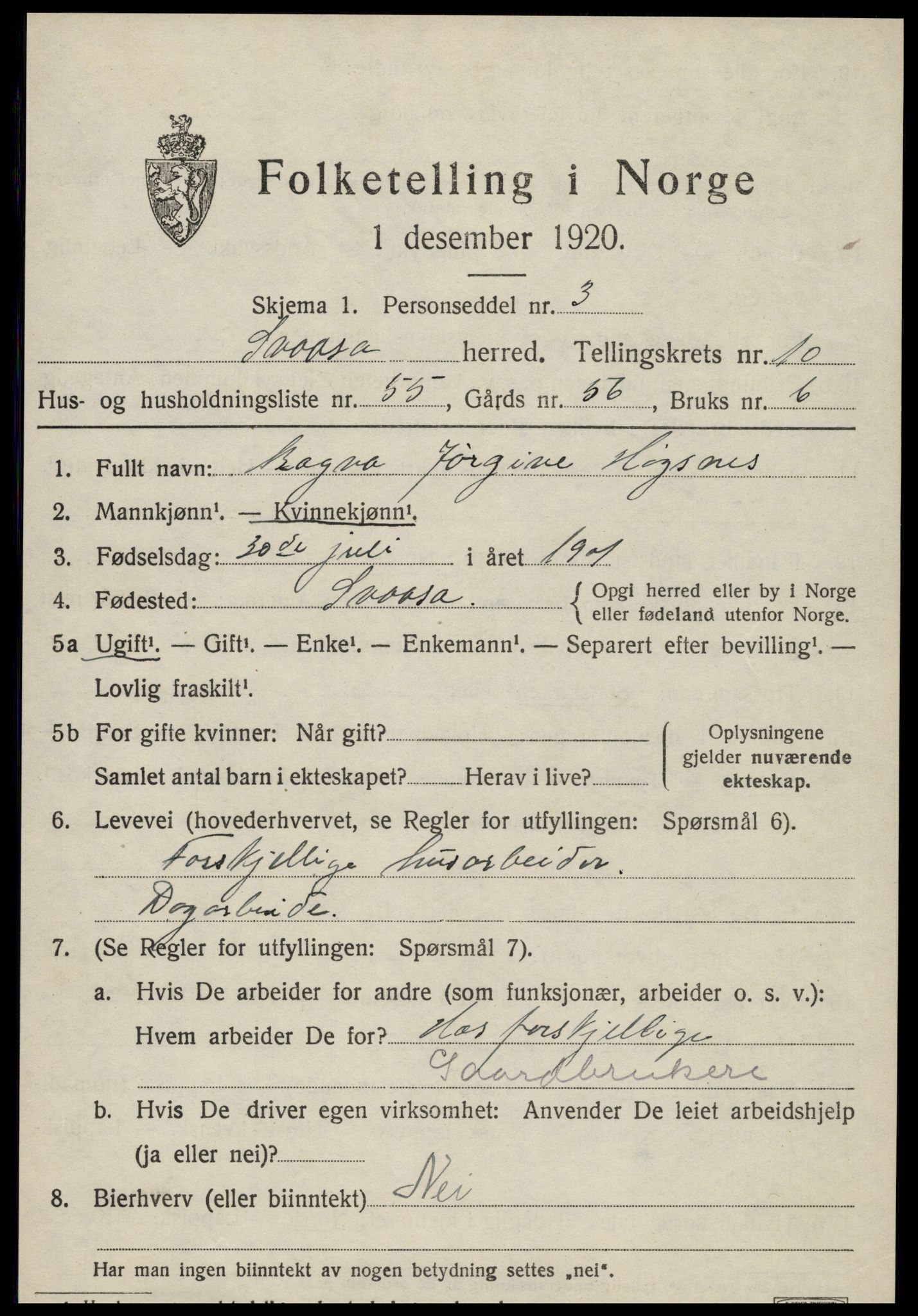 SAT, 1920 census for Snåsa, 1920, p. 4952