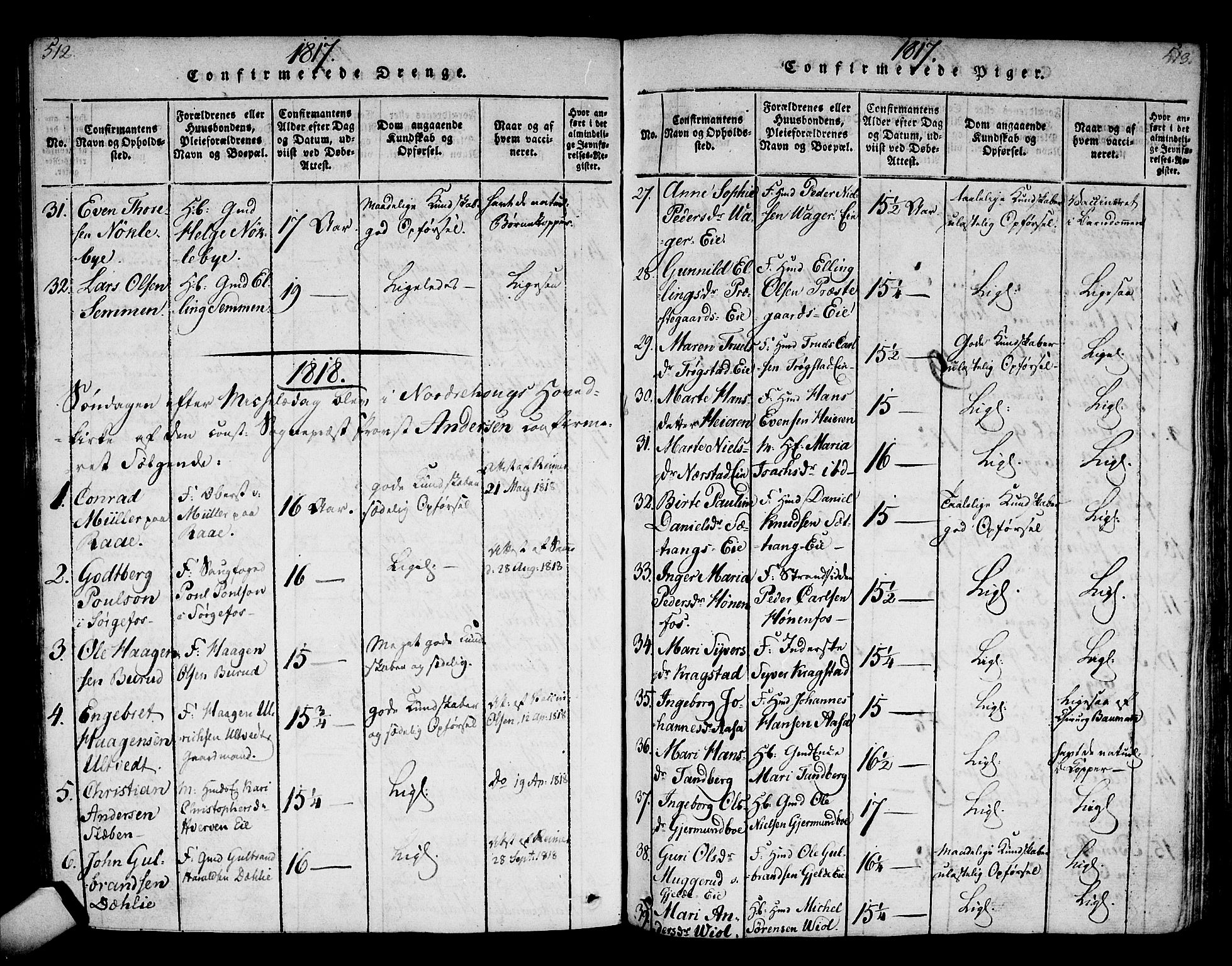 Norderhov kirkebøker, AV/SAKO-A-237/F/Fa/L0008: Parish register (official) no. 8, 1814-1833, p. 512-513