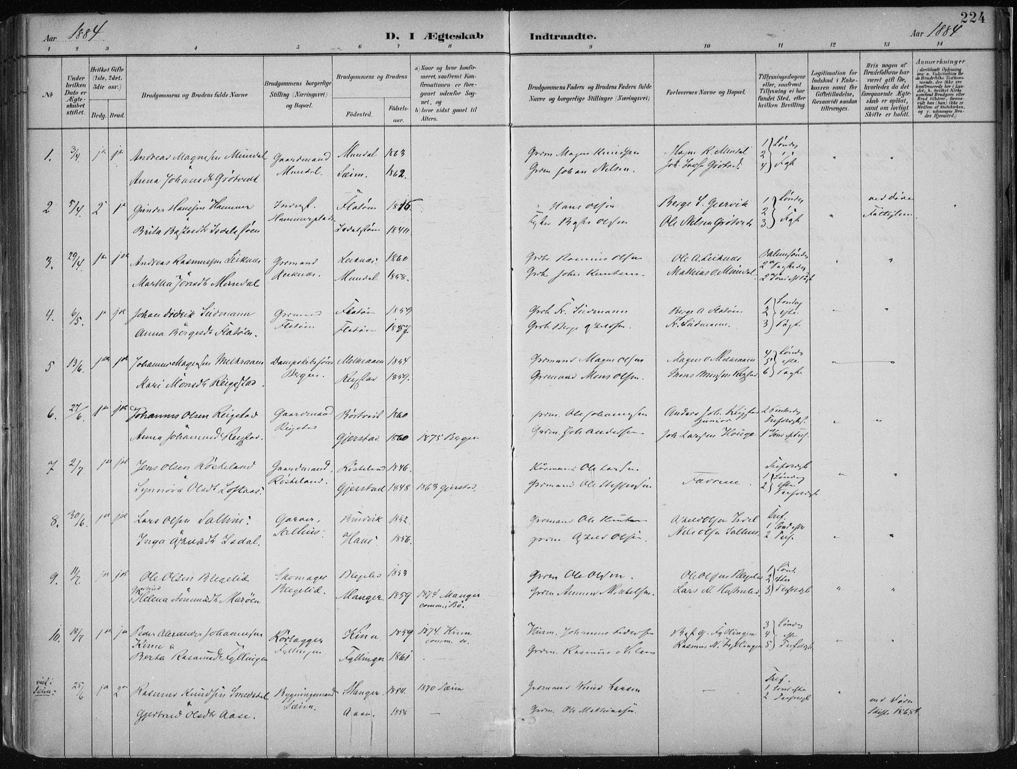 Hamre sokneprestembete, AV/SAB-A-75501/H/Ha/Haa/Haab/L0001: Parish register (official) no. B  1, 1882-1905, p. 224