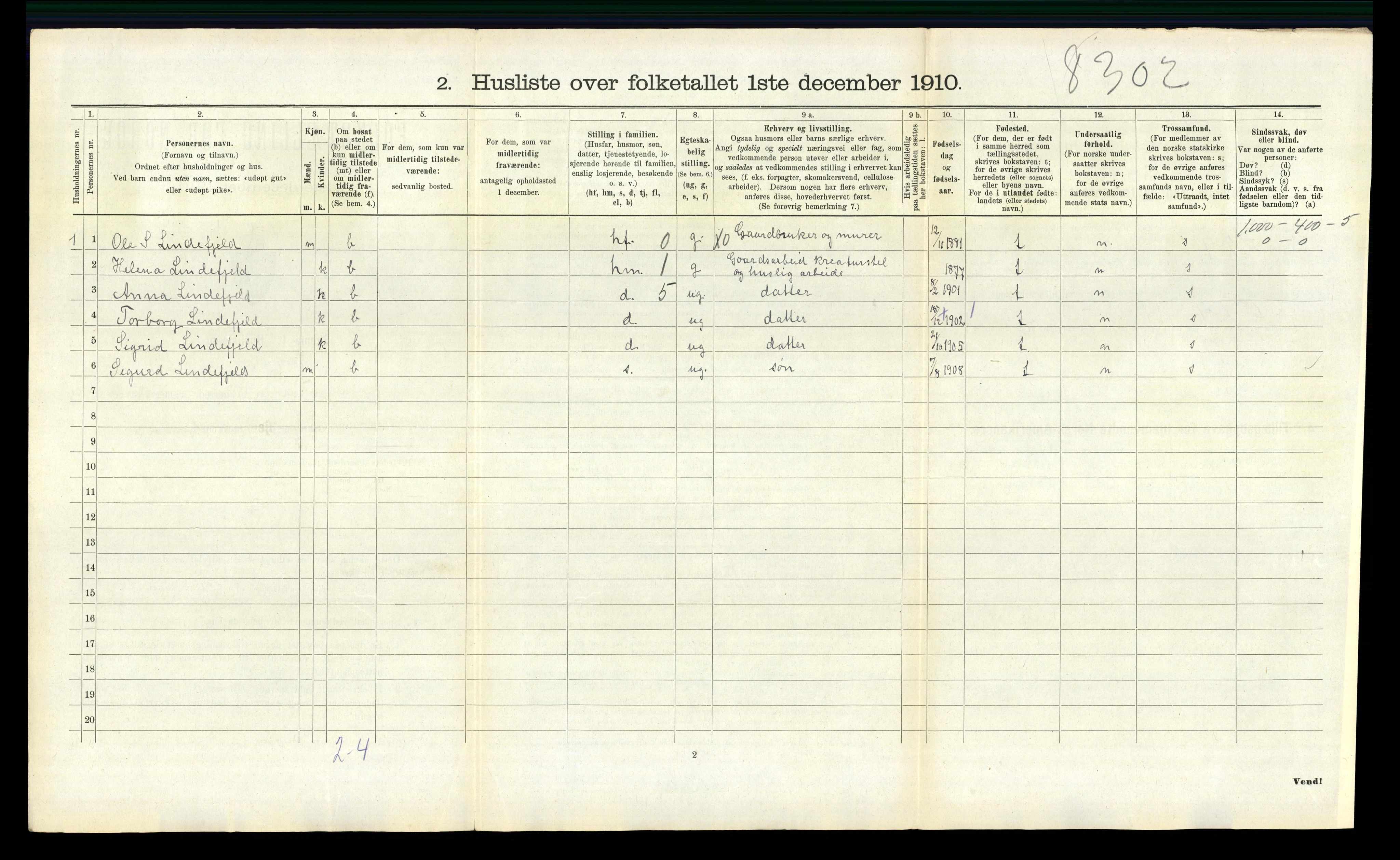 RA, 1910 census for Fjotland, 1910, p. 289