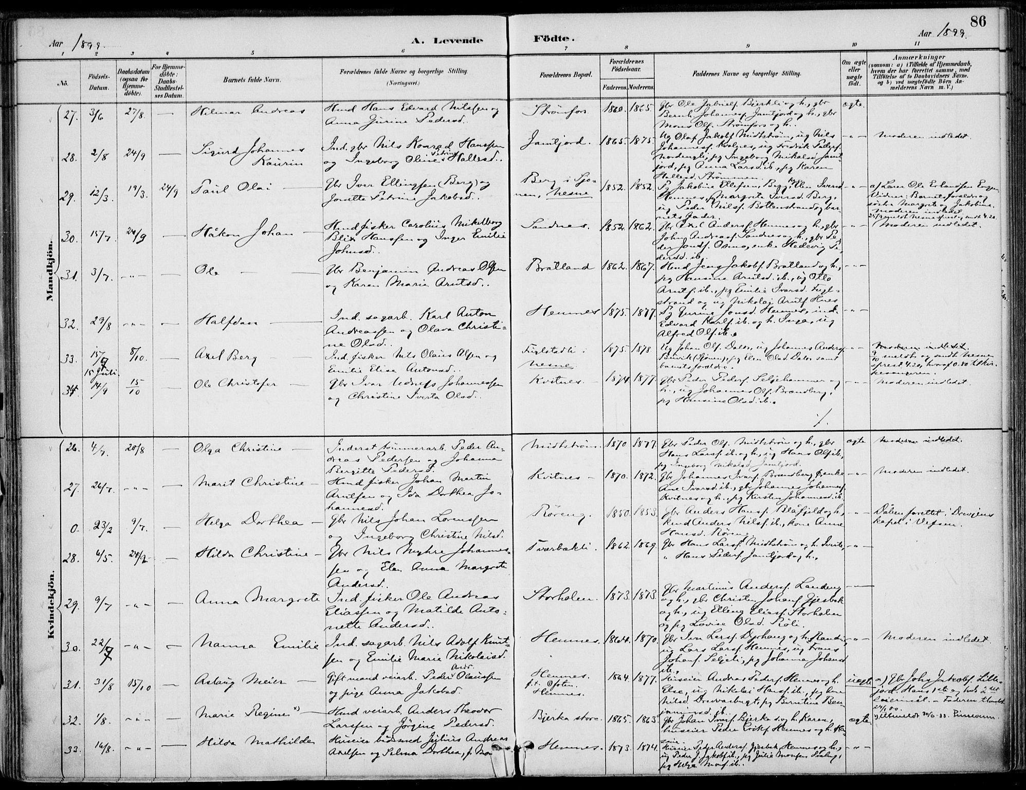 Ministerialprotokoller, klokkerbøker og fødselsregistre - Nordland, SAT/A-1459/825/L0362: Parish register (official) no. 825A16, 1886-1908, p. 86