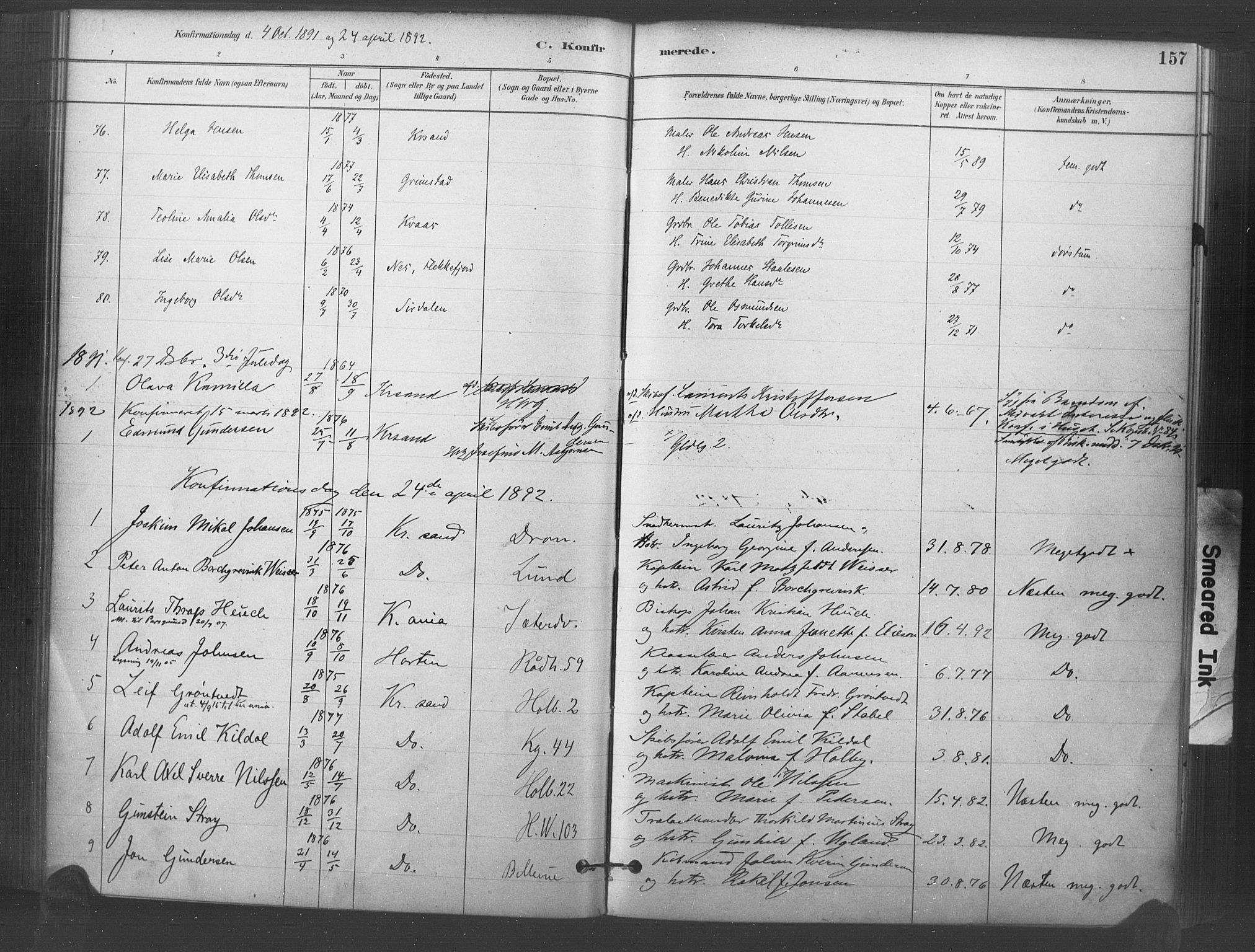 Kristiansand domprosti, AV/SAK-1112-0006/F/Fa/L0018: Parish register (official) no. A 17, 1880-1892, p. 157