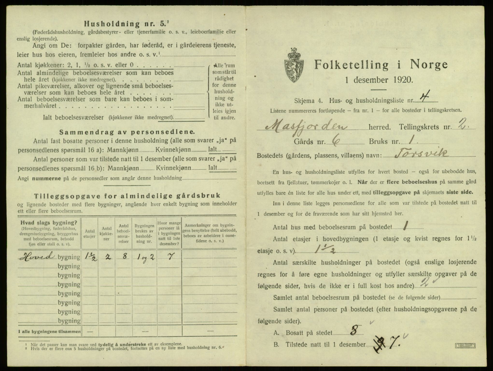 SAB, 1920 census for Masfjorden, 1920, p. 103