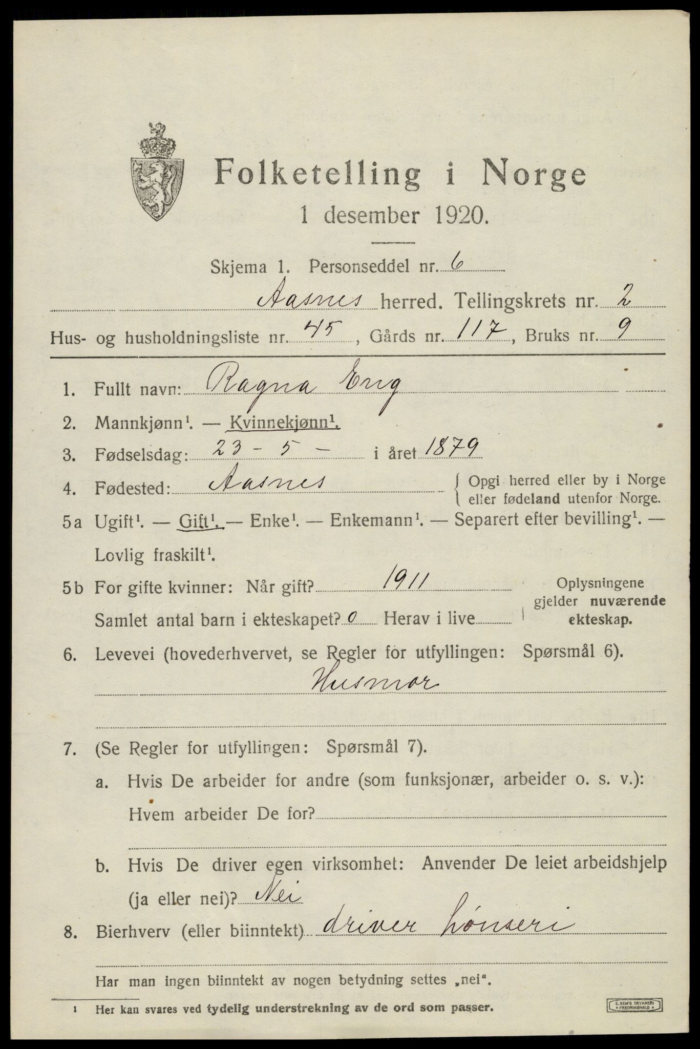 SAH, 1920 census for Åsnes, 1920, p. 3378