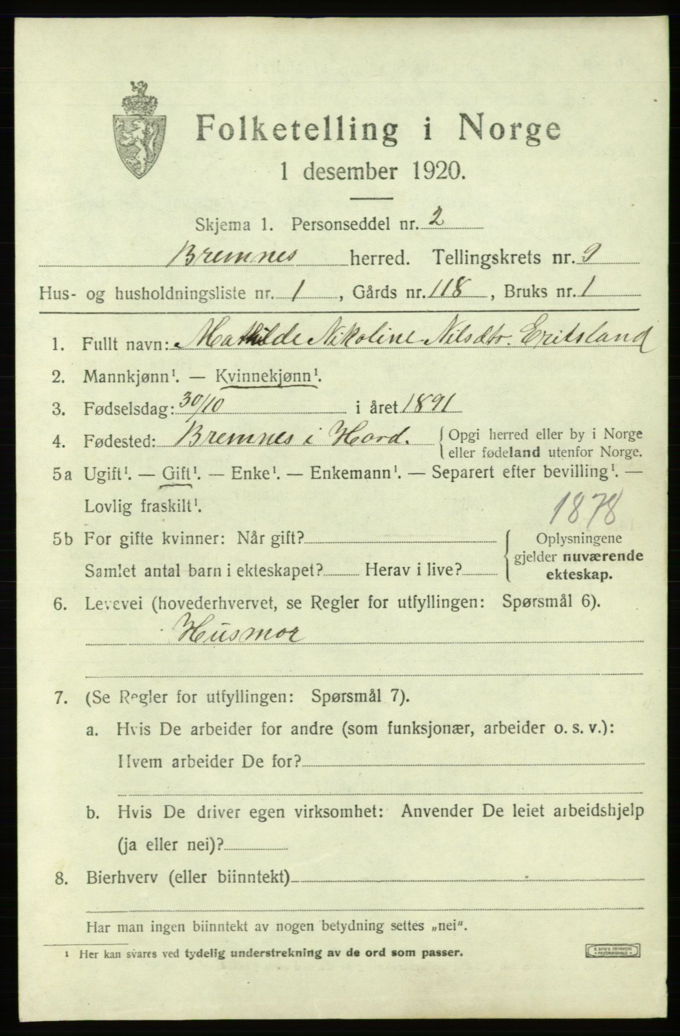 SAB, 1920 census for Bremnes, 1920, p. 6116