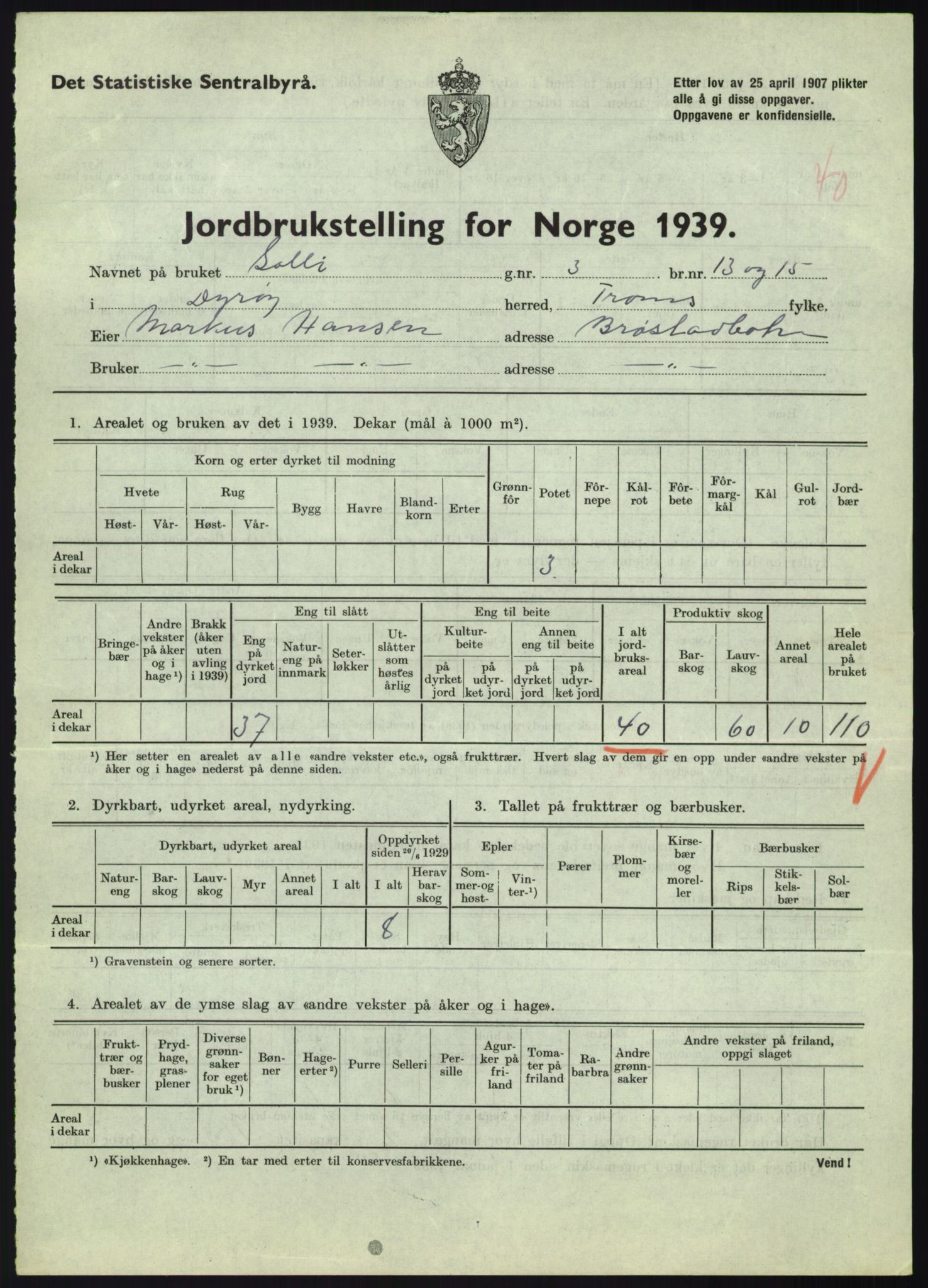 Statistisk sentralbyrå, Næringsøkonomiske emner, Jordbruk, skogbruk, jakt, fiske og fangst, AV/RA-S-2234/G/Gb/L0340: Troms: Salangen og Dyrøy, 1939, p. 1451