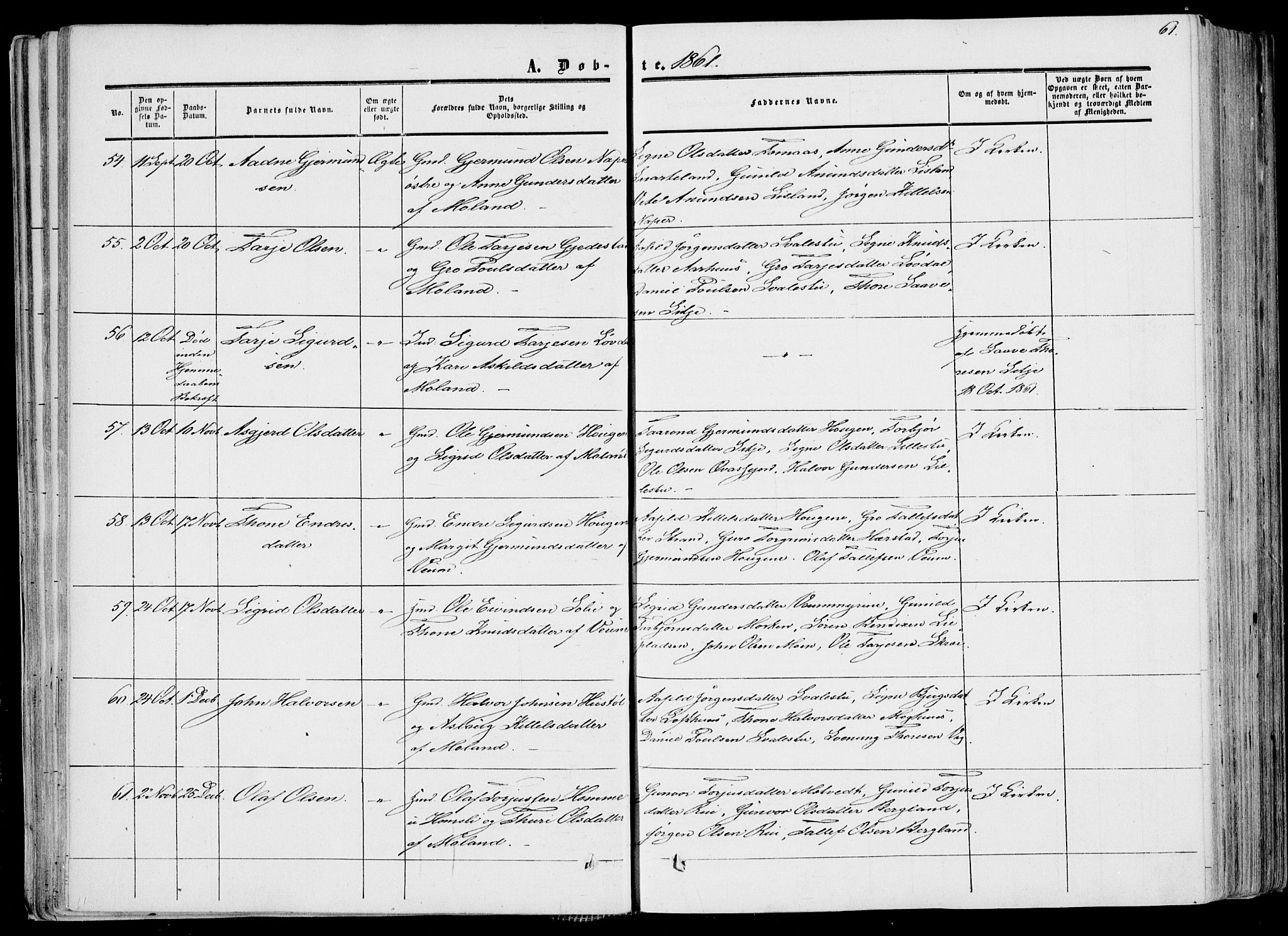 Fyresdal kirkebøker, SAKO/A-263/F/Fa/L0005: Parish register (official) no. I 5, 1855-1871, p. 61