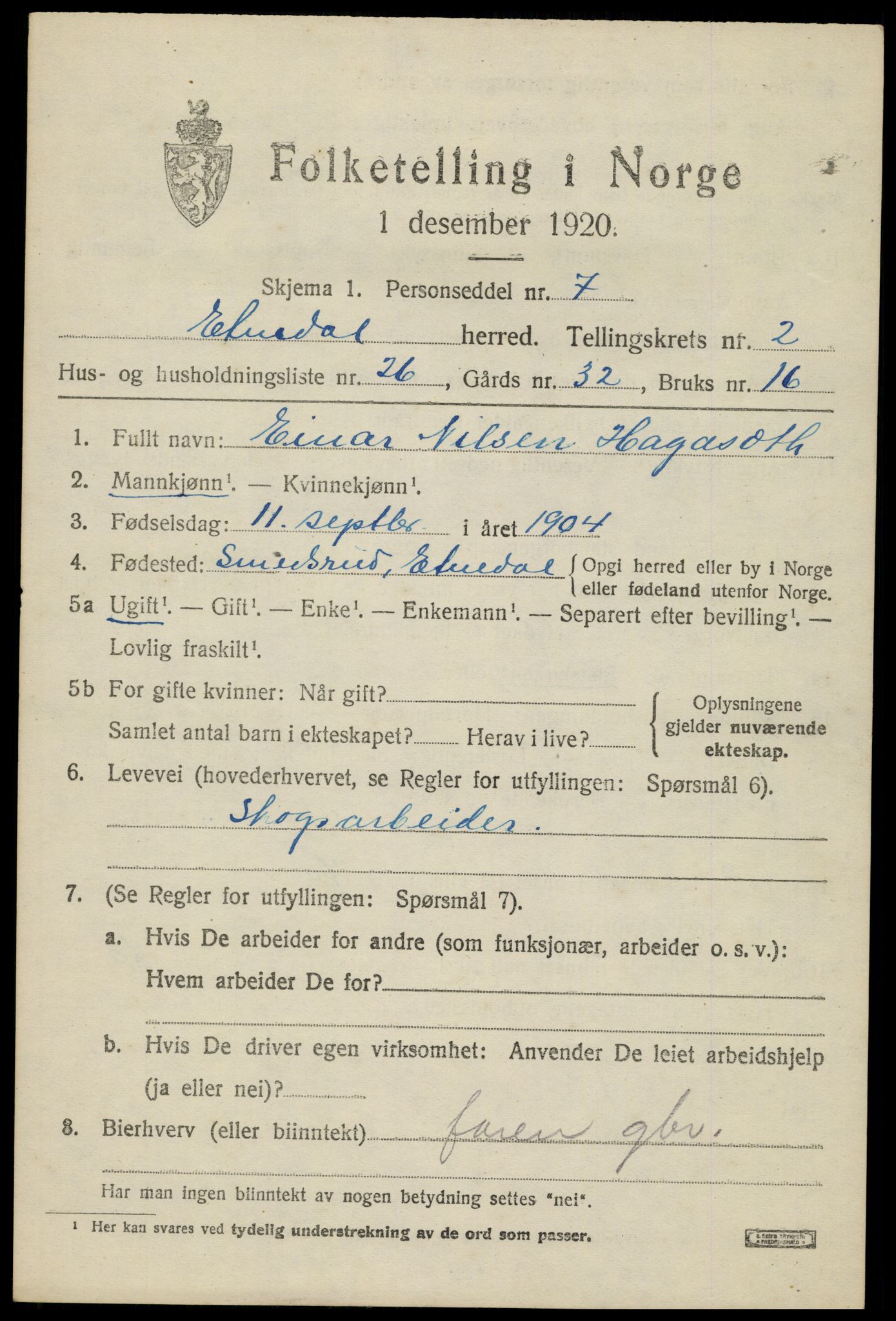 SAH, 1920 census for Etnedal, 1920, p. 1308