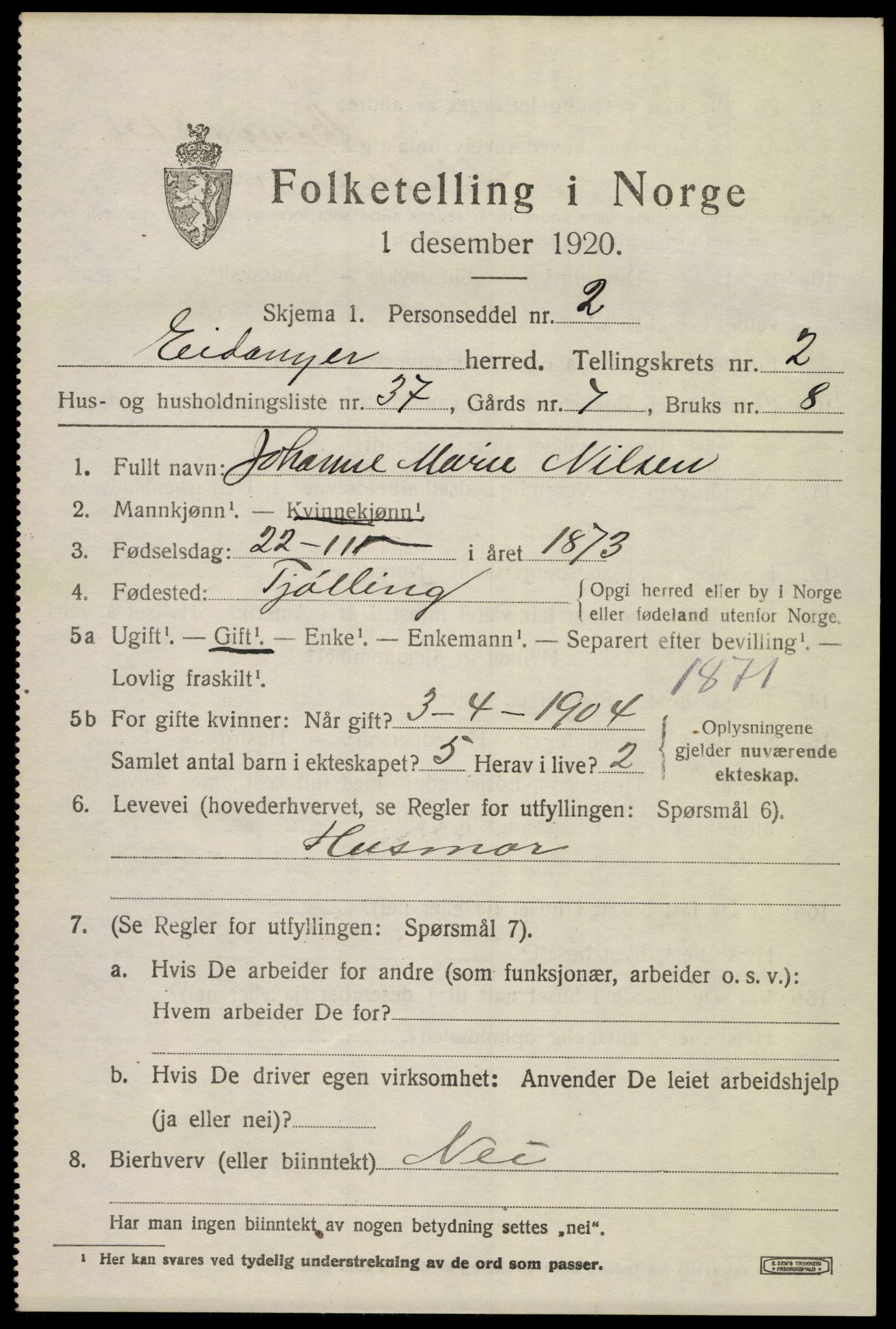 SAKO, 1920 census for Eidanger, 1920, p. 3350