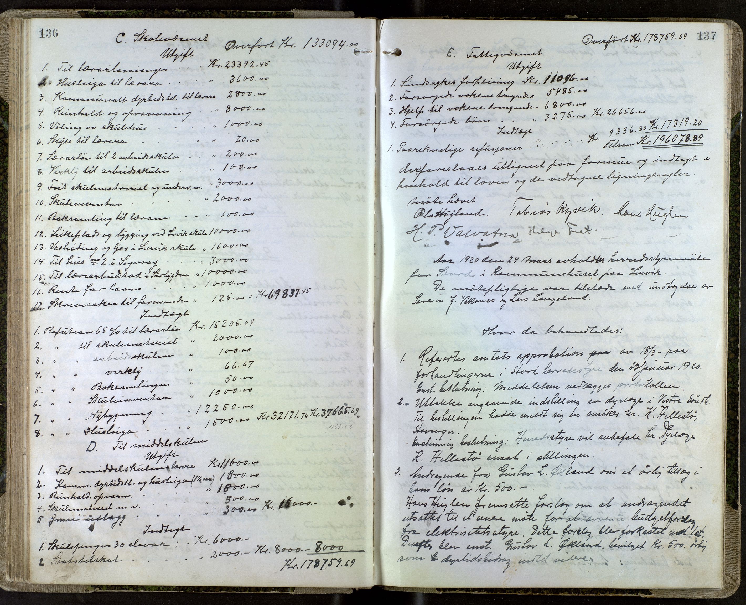 Stord kommune. Formannskapet, IKAH/1221-021/A/Aa/L0005: Møtebok for formannskapet og heradstyret , 1917-1924, p. 136-137