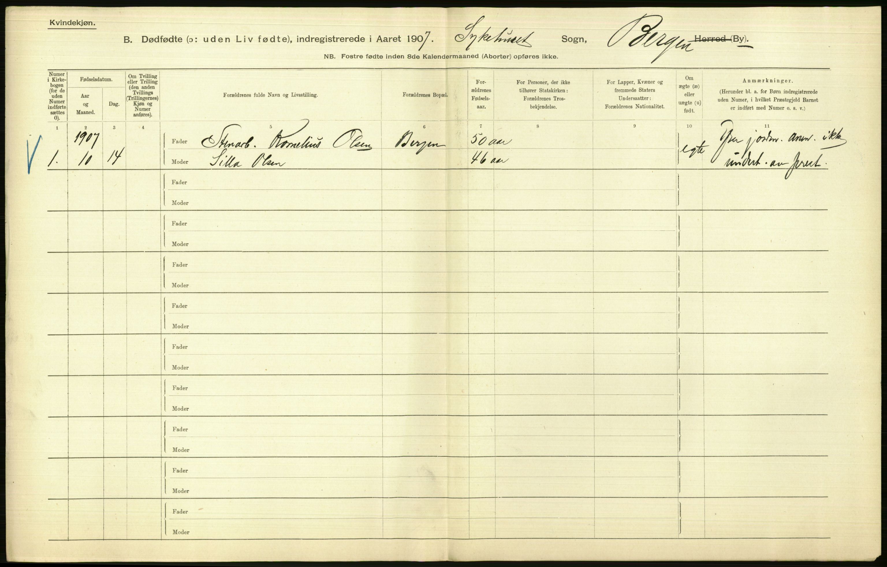 Statistisk sentralbyrå, Sosiodemografiske emner, Befolkning, RA/S-2228/D/Df/Dfa/Dfae/L0031: Bergen: gifte, døde, dødfødte., 1907, p. 454