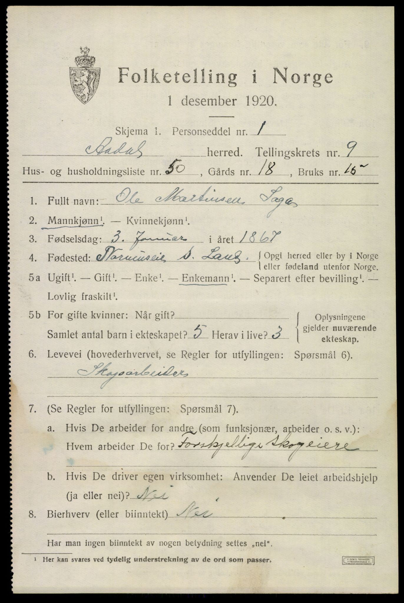 SAKO, 1920 census for Ådal, 1920, p. 6526