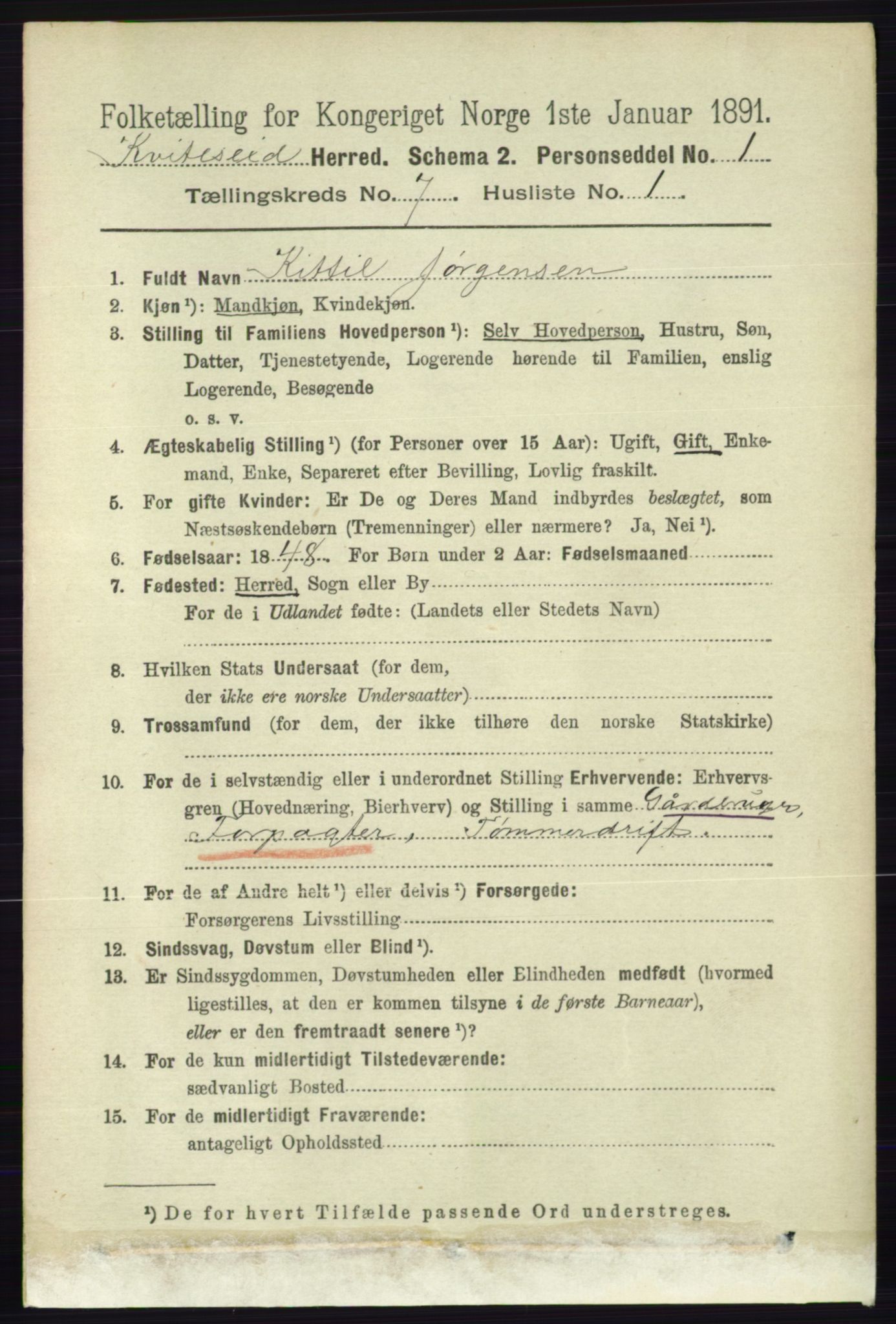 RA, 1891 census for 0829 Kviteseid, 1891, p. 1365