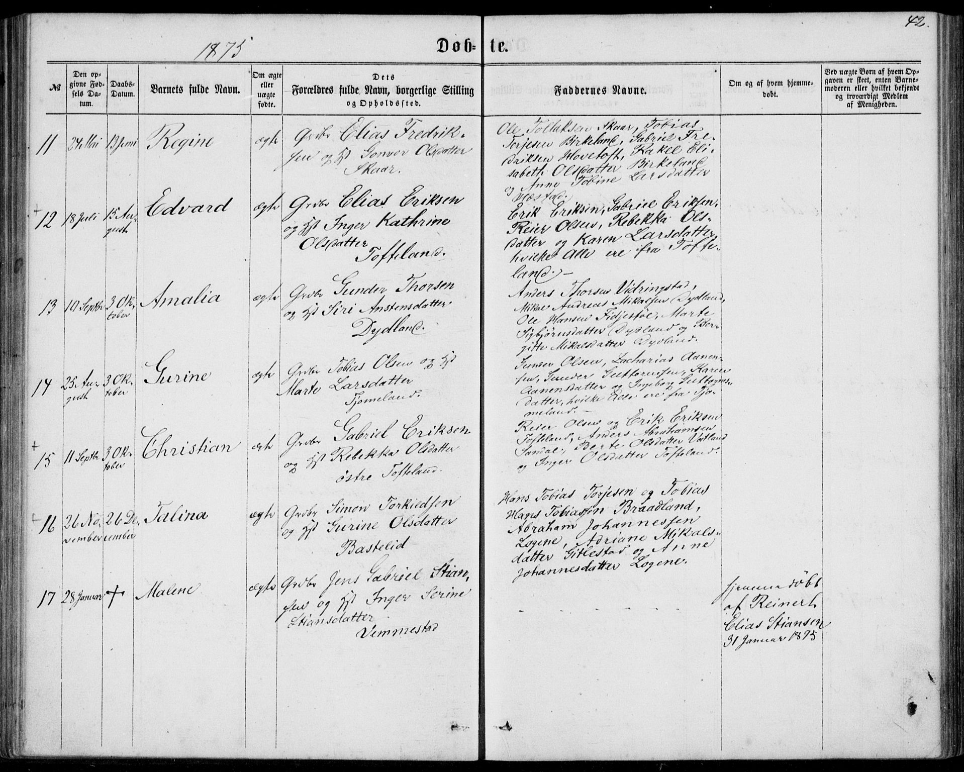 Lyngdal sokneprestkontor, SAK/1111-0029/F/Fa/Fab/L0002: Parish register (official) no. A 2, 1861-1878, p. 42