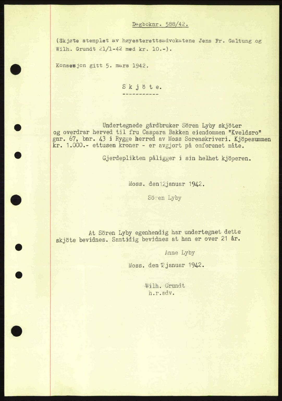Moss sorenskriveri, SAO/A-10168: Mortgage book no. A9, 1941-1942, Diary no: : 588/1942