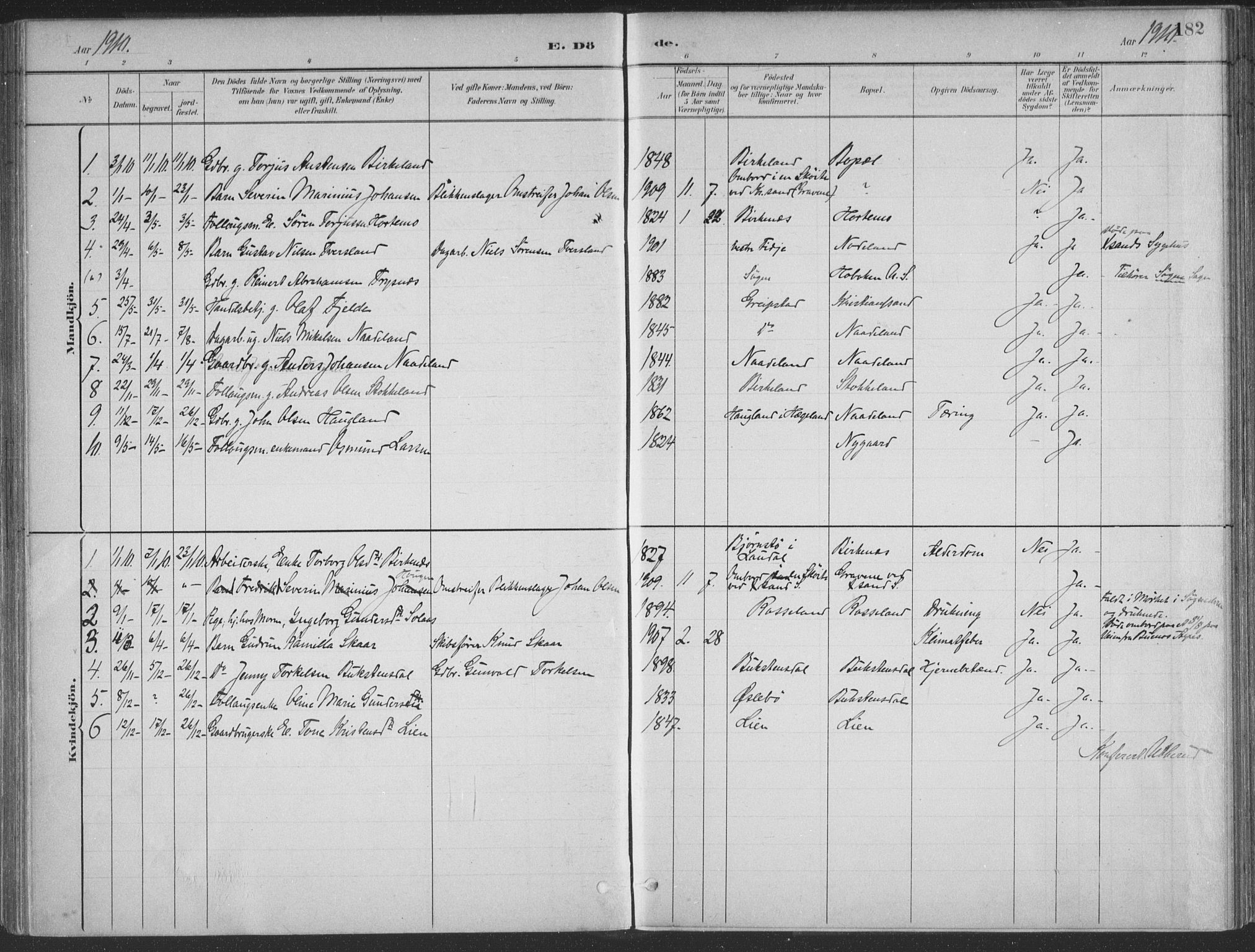Søgne sokneprestkontor, SAK/1111-0037/F/Fa/Faa/L0003: Parish register (official) no. A 3, 1883-1910, p. 182