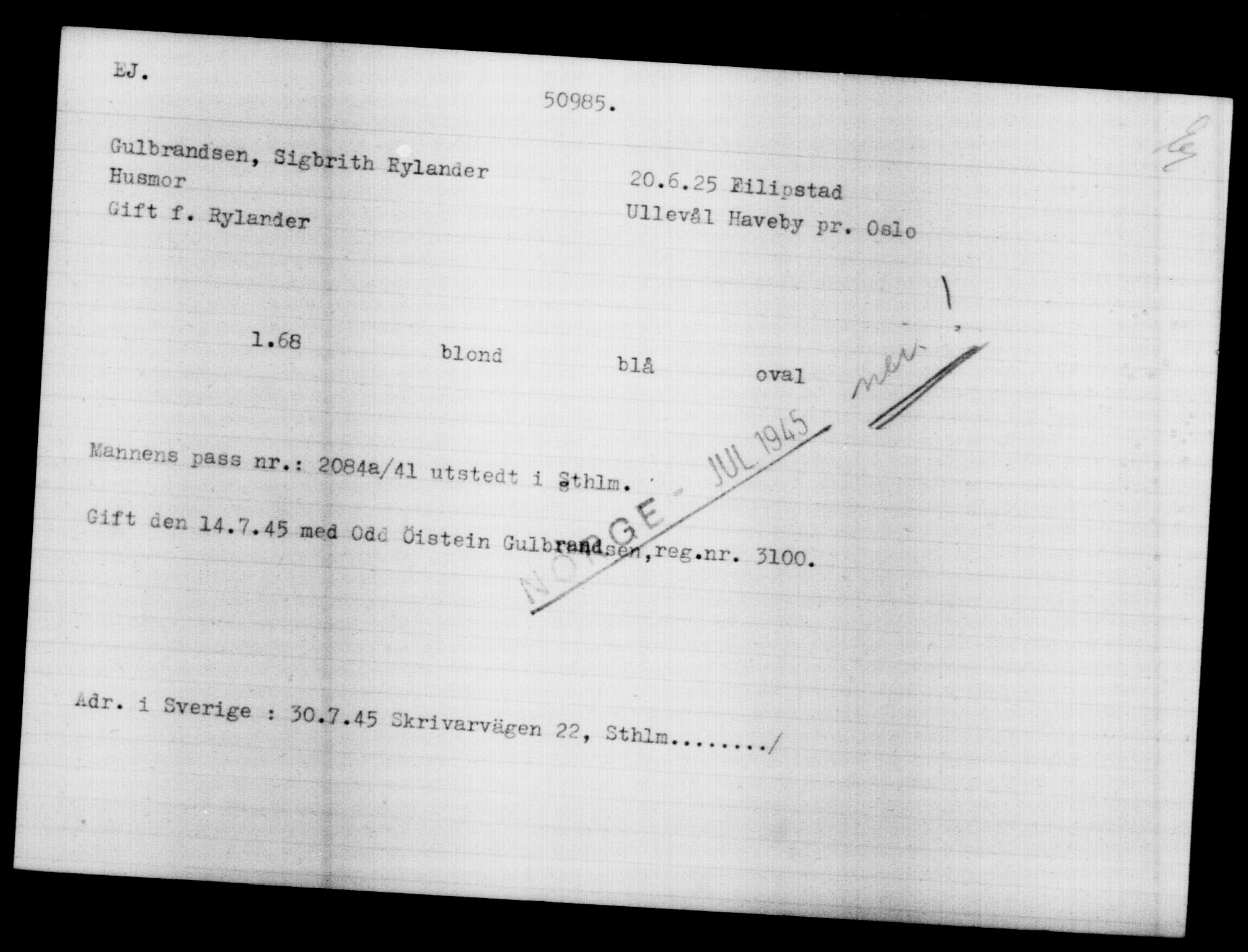 Utenriksstasjonene, Legasjonen i Stockholm, Flyktningkontoret, AV/RA-S-6753/V/Va/L0019: Kjesäterkartoteket, flyktninger med registreringsnr. 49600-55060, 1940-1945, p. 1408