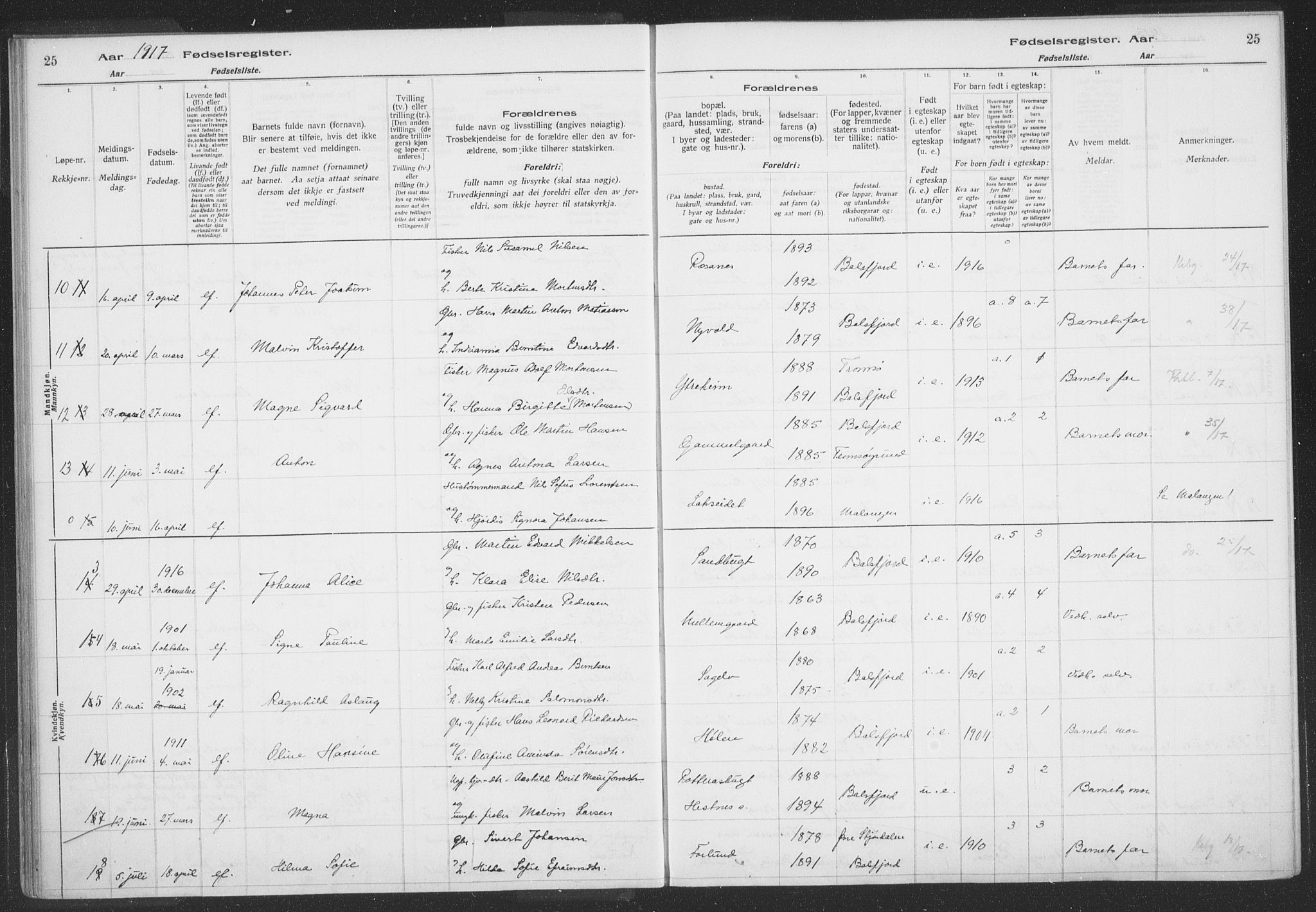 Balsfjord sokneprestembete, AV/SATØ-S-1303/H/Hb/L0059: Birth register no. 59, 1916-1930, p. 25