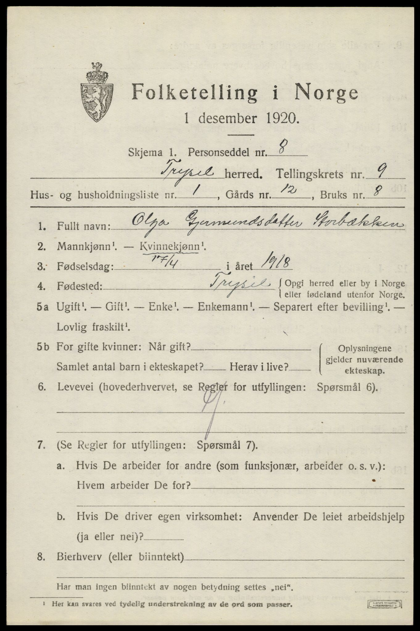 SAH, 1920 census for Trysil, 1920, p. 6569