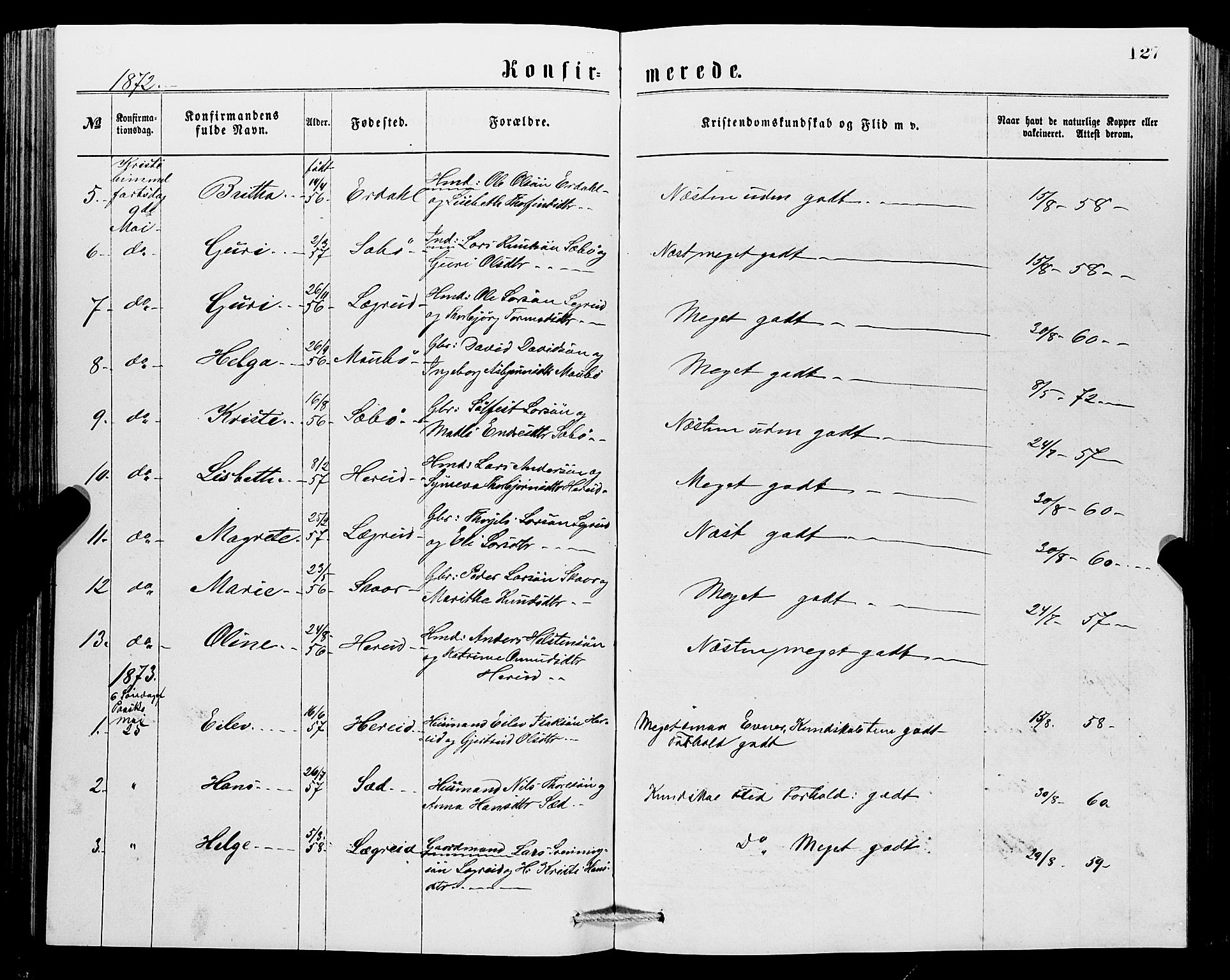 Ullensvang sokneprestembete, SAB/A-78701/H/Hab: Parish register (copy) no. C 2, 1871-1899, p. 127