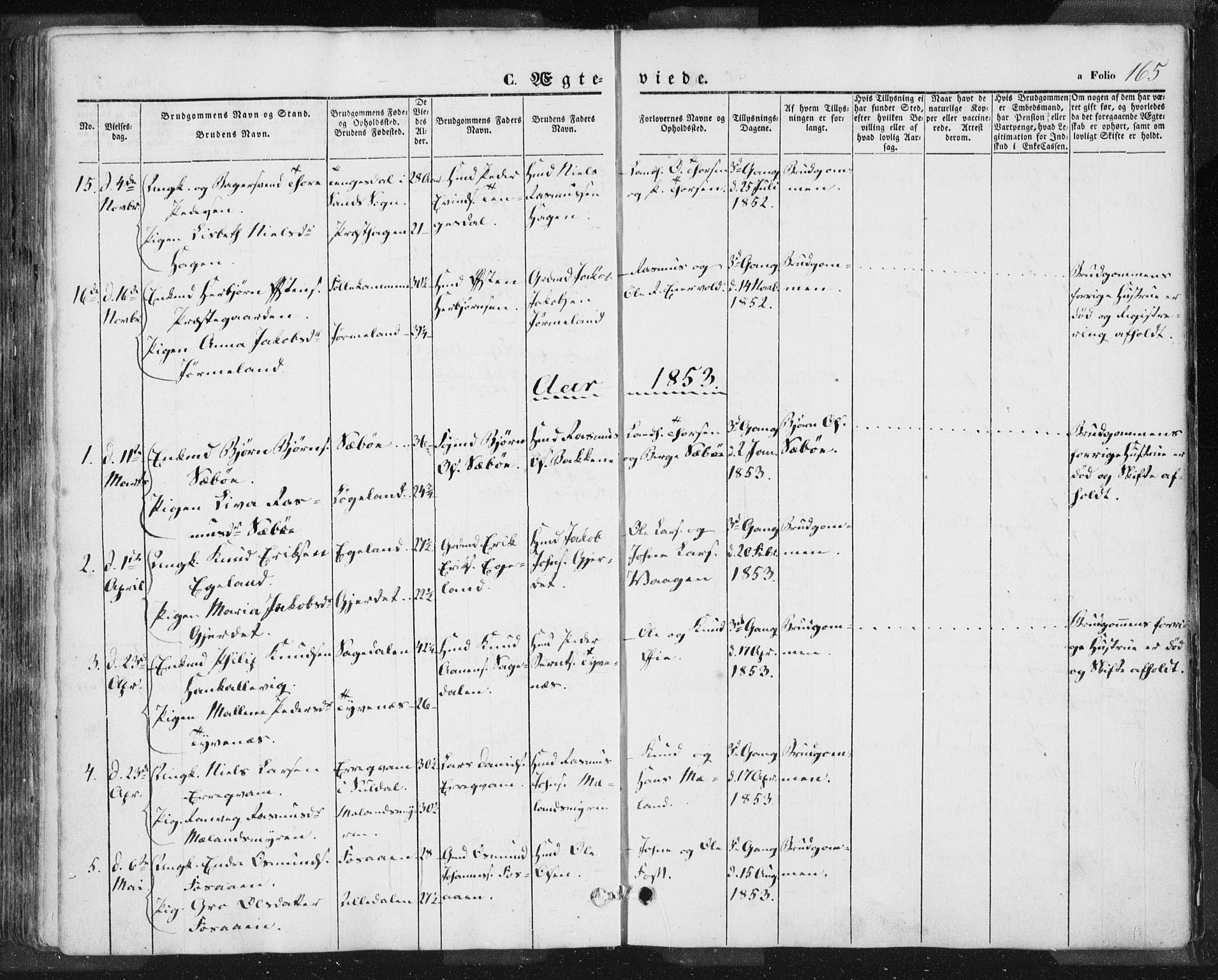 Hjelmeland sokneprestkontor, AV/SAST-A-101843/01/IV/L0009: Parish register (official) no. A 9, 1846-1860, p. 165