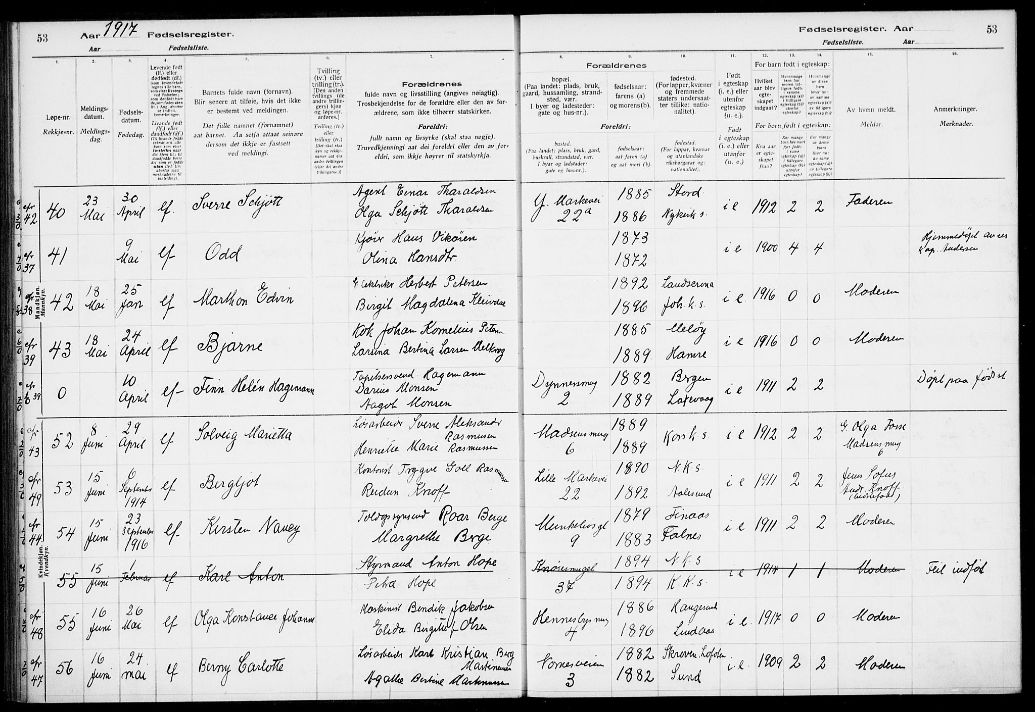 Nykirken Sokneprestembete, AV/SAB-A-77101/I/Id/L00A1: Birth register no. A 1, 1916-1922, p. 53