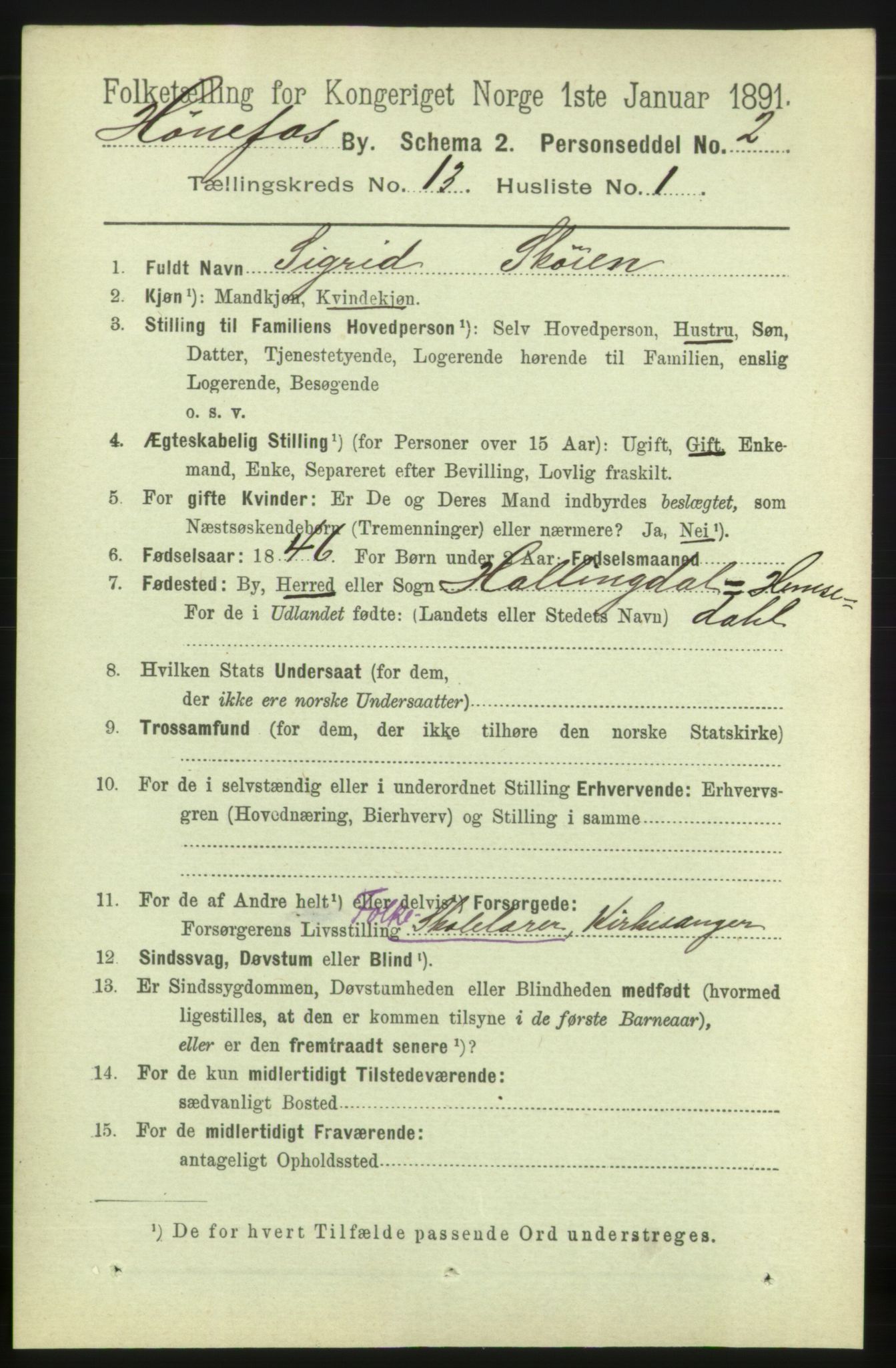 RA, 1891 census for 0601 Hønefoss, 1891, p. 1611