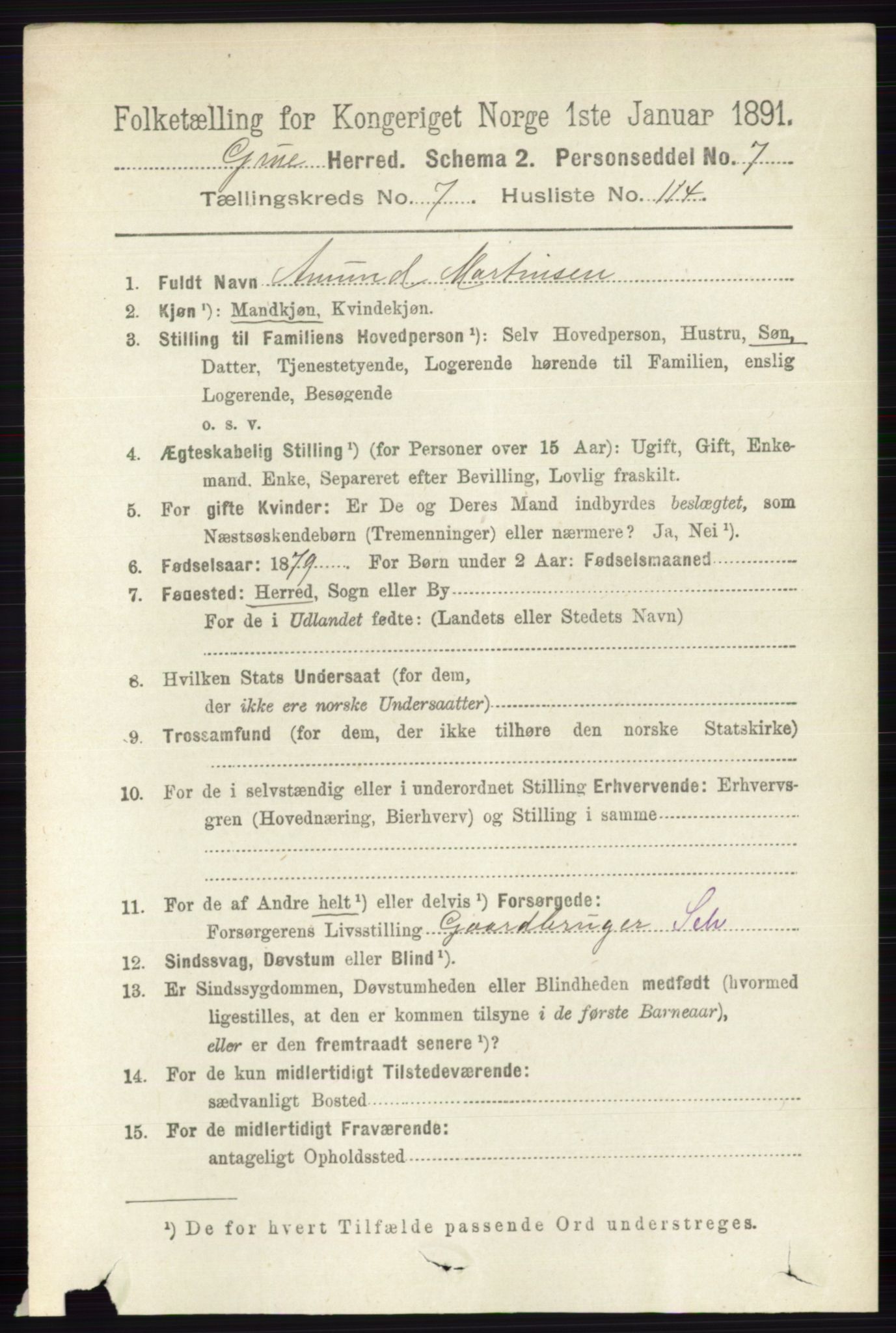 RA, 1891 census for 0423 Grue, 1891, p. 4225