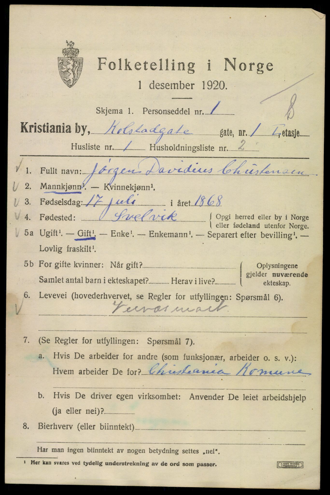 SAO, 1920 census for Kristiania, 1920, p. 345335