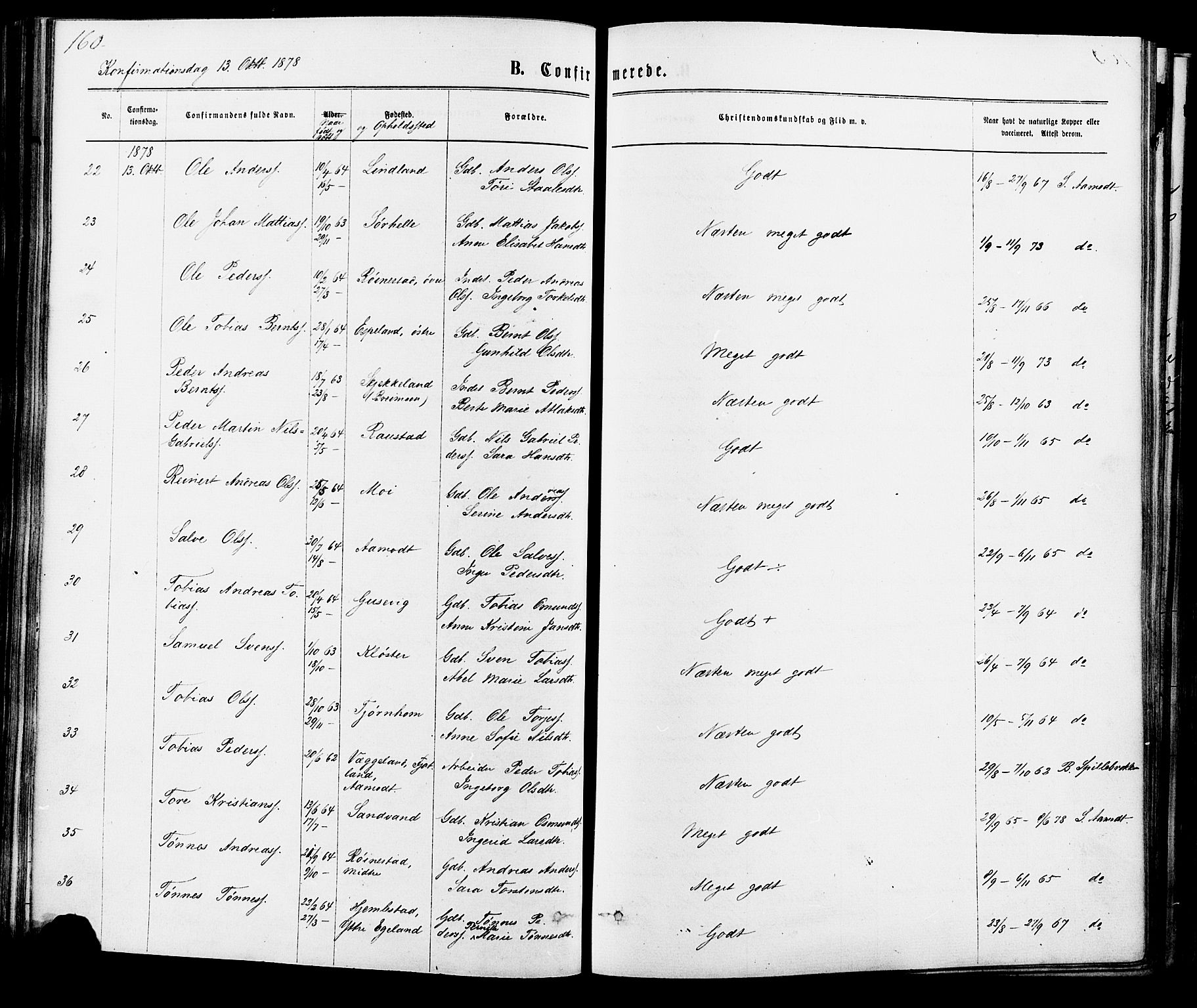 Kvinesdal sokneprestkontor, SAK/1111-0026/F/Fa/Fab/L0007: Parish register (official) no. A 7, 1870-1885, p. 160