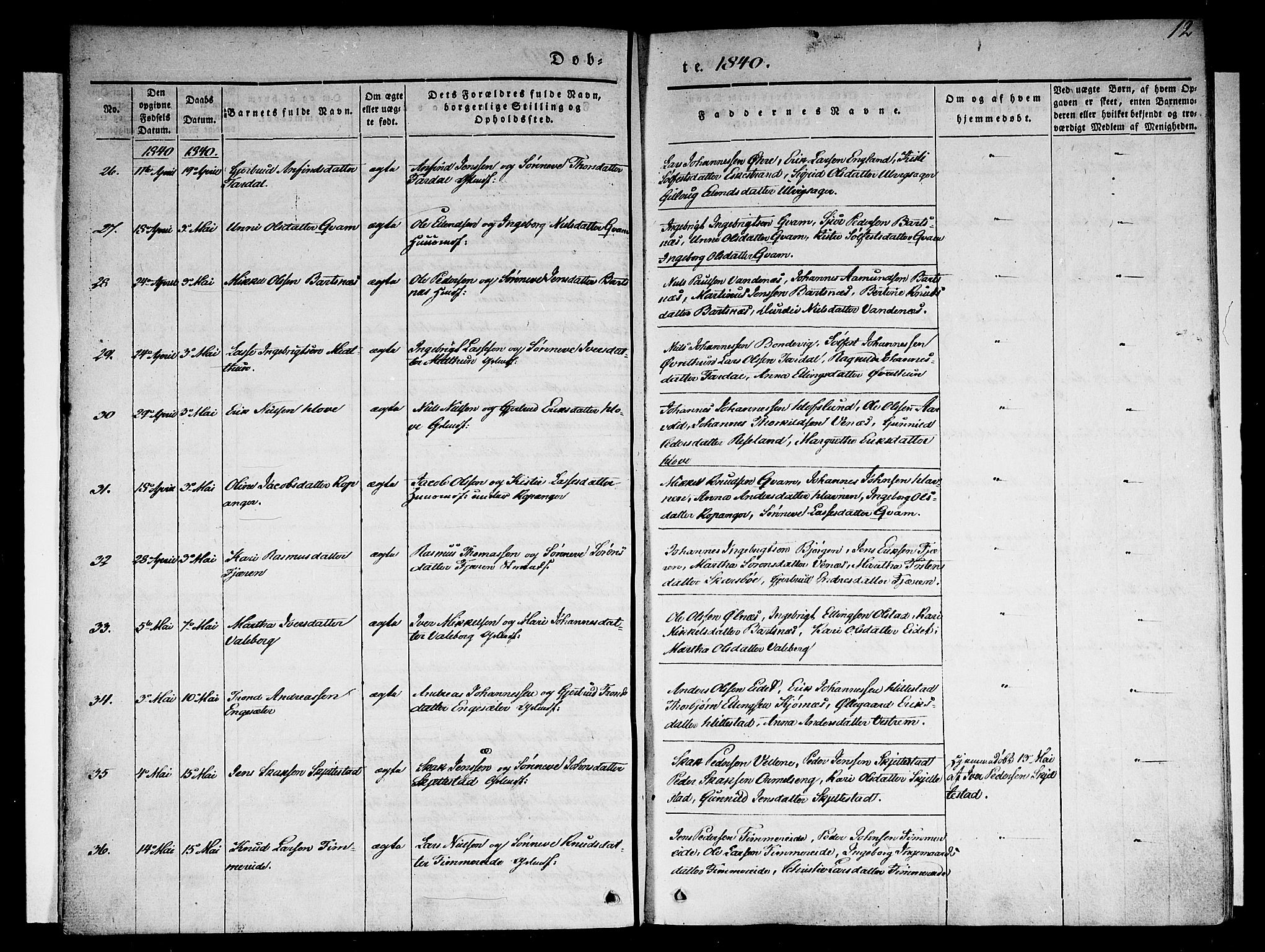 Sogndal sokneprestembete, AV/SAB-A-81301/H/Haa/Haaa/L0011: Parish register (official) no. A 11, 1839-1847, p. 12