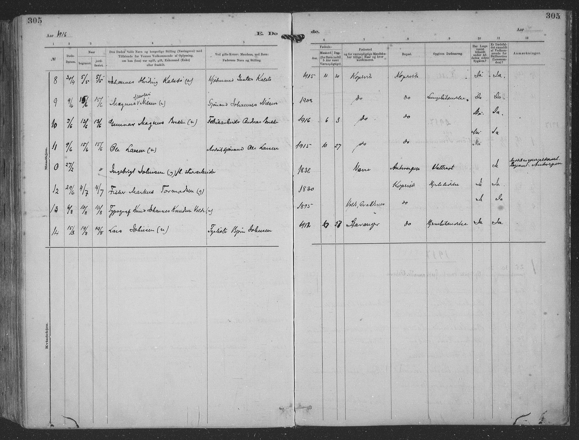 Kopervik sokneprestkontor, AV/SAST-A-101850/H/Ha/Haa/L0001: Parish register (official) no. A 1, 1880-1919, p. 305