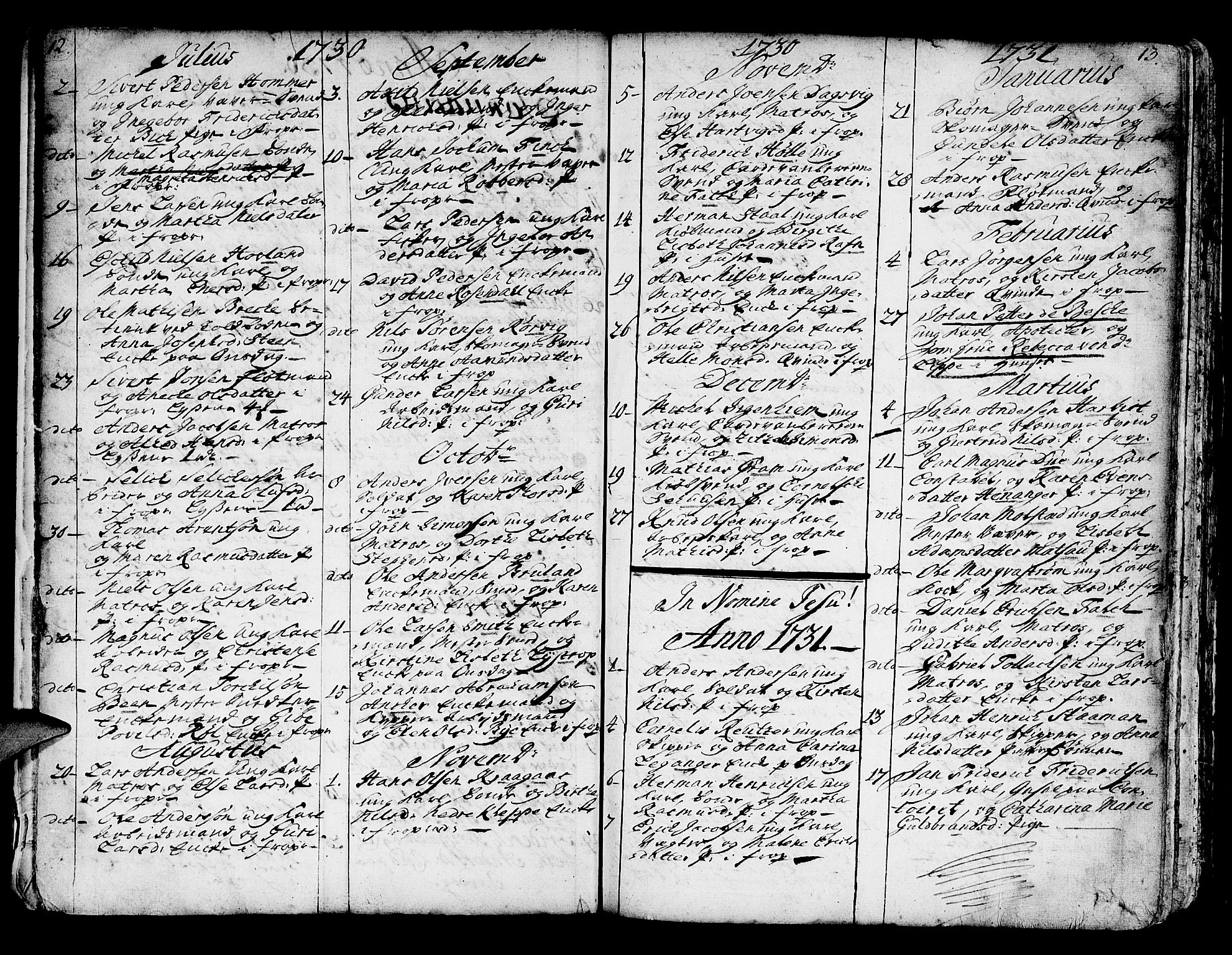 Domkirken sokneprestembete, SAB/A-74801/H/Haa/L0007: Parish register (official) no. A 7, 1725-1826, p. 12-13