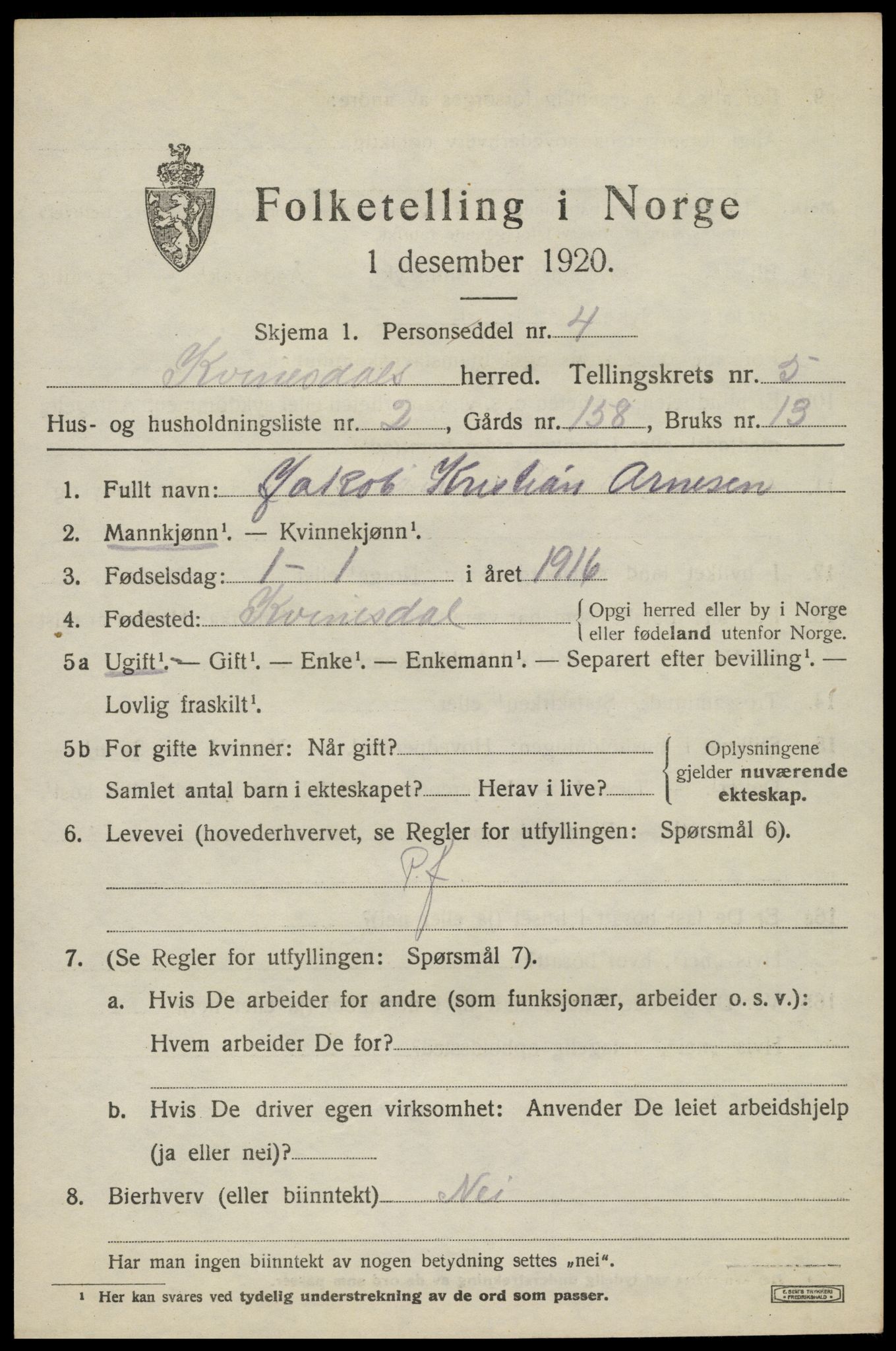 SAK, 1920 census for Kvinesdal, 1920, p. 5725