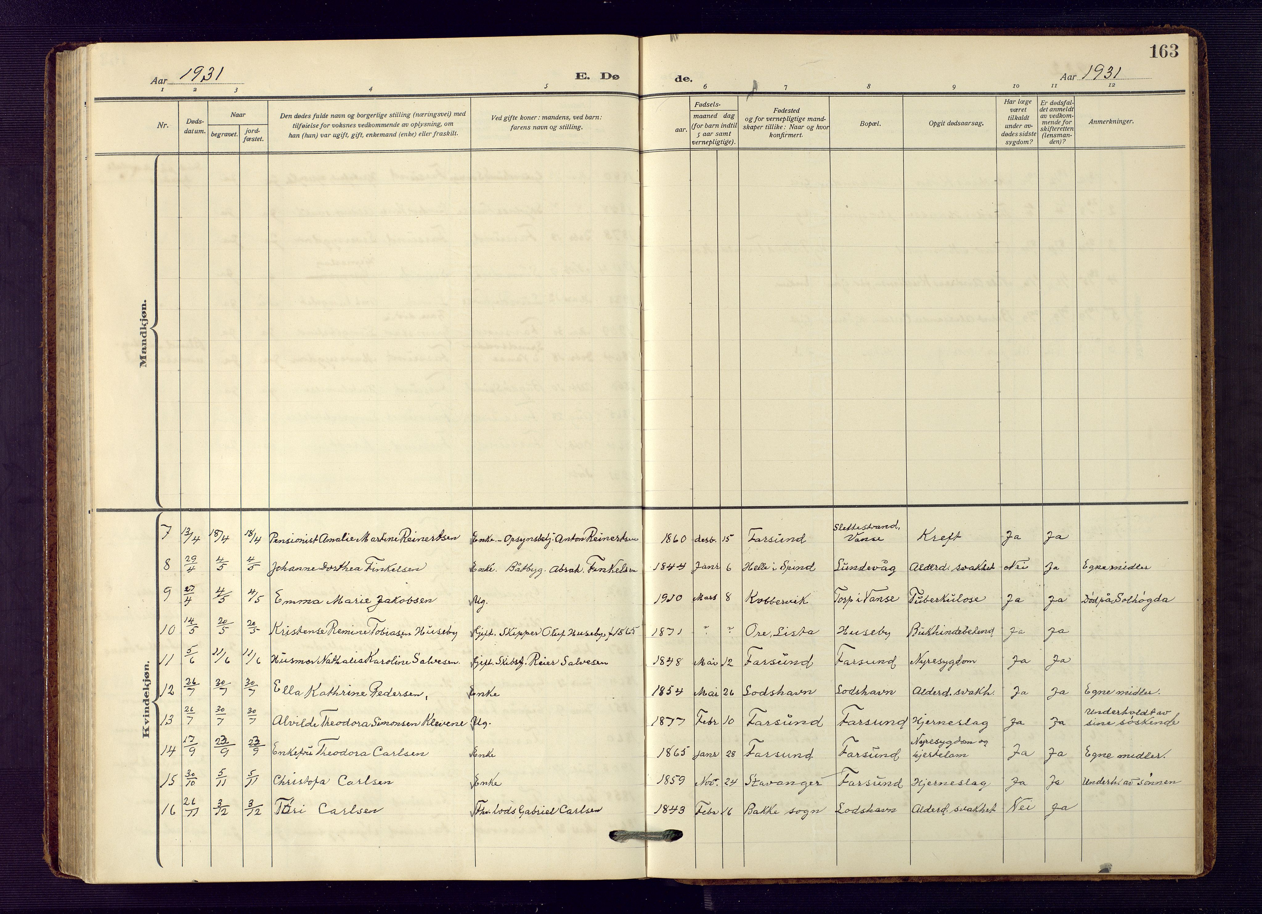 Farsund sokneprestkontor, AV/SAK-1111-0009/F/Fb/L0002: Parish register (copy) no. B 2, 1914-1958, p. 163