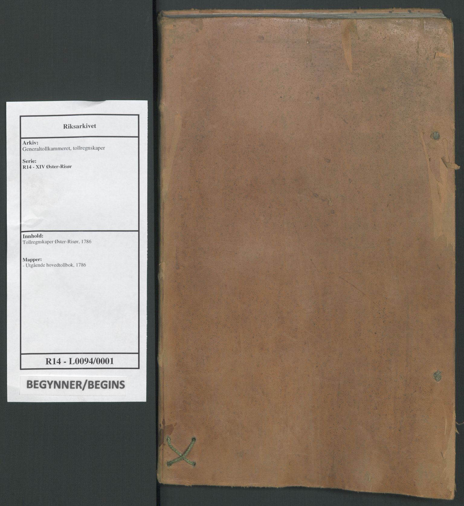 Generaltollkammeret, tollregnskaper, RA/EA-5490/R14/L0094/0001: Tollregnskaper Øster-Risør / Utgående hovedtollbok, 1786