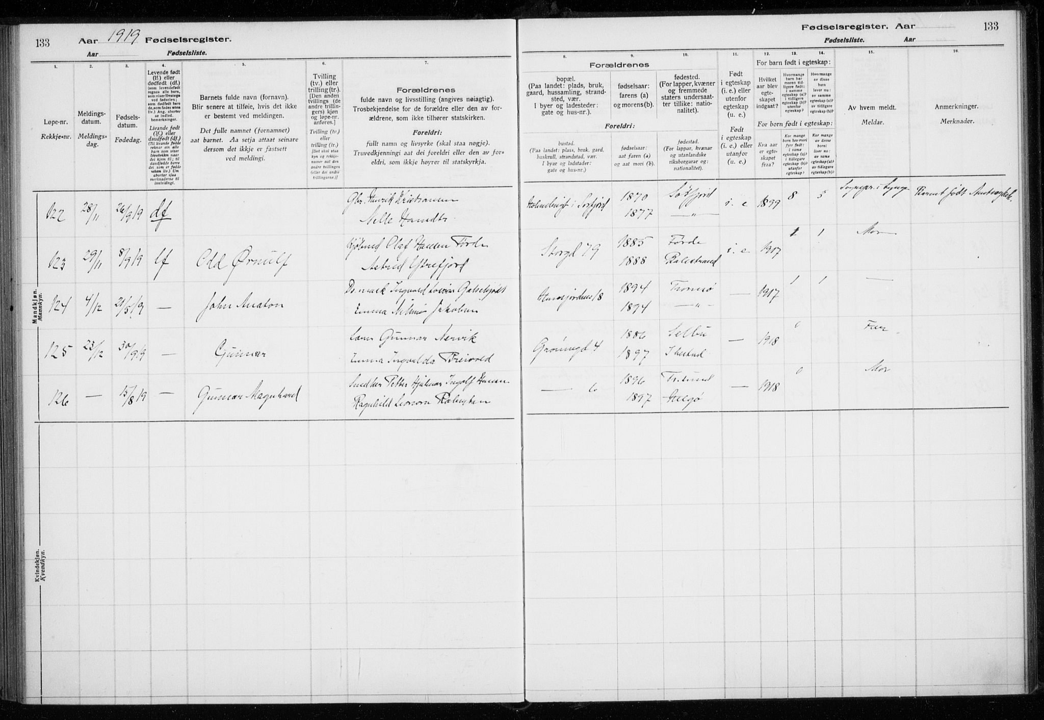 Tromsø sokneprestkontor/stiftsprosti/domprosti, AV/SATØ-S-1343/H/Ha/L0131: Birth register no. 131, 1916-1921, p. 133