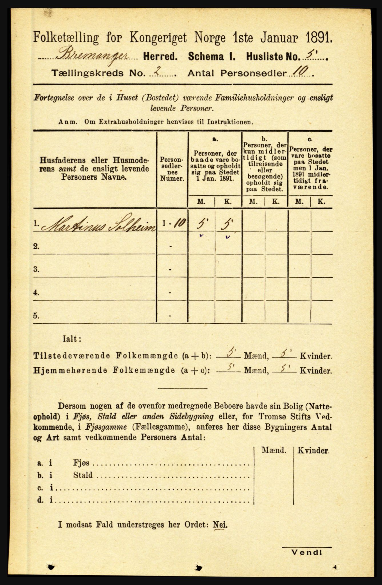 RA, 1891 census for 1438 Bremanger, 1891, p. 616