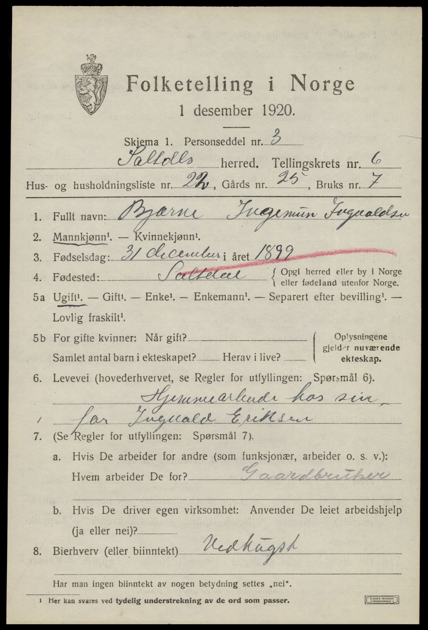 SAT, 1920 census for Saltdal, 1920, p. 7613