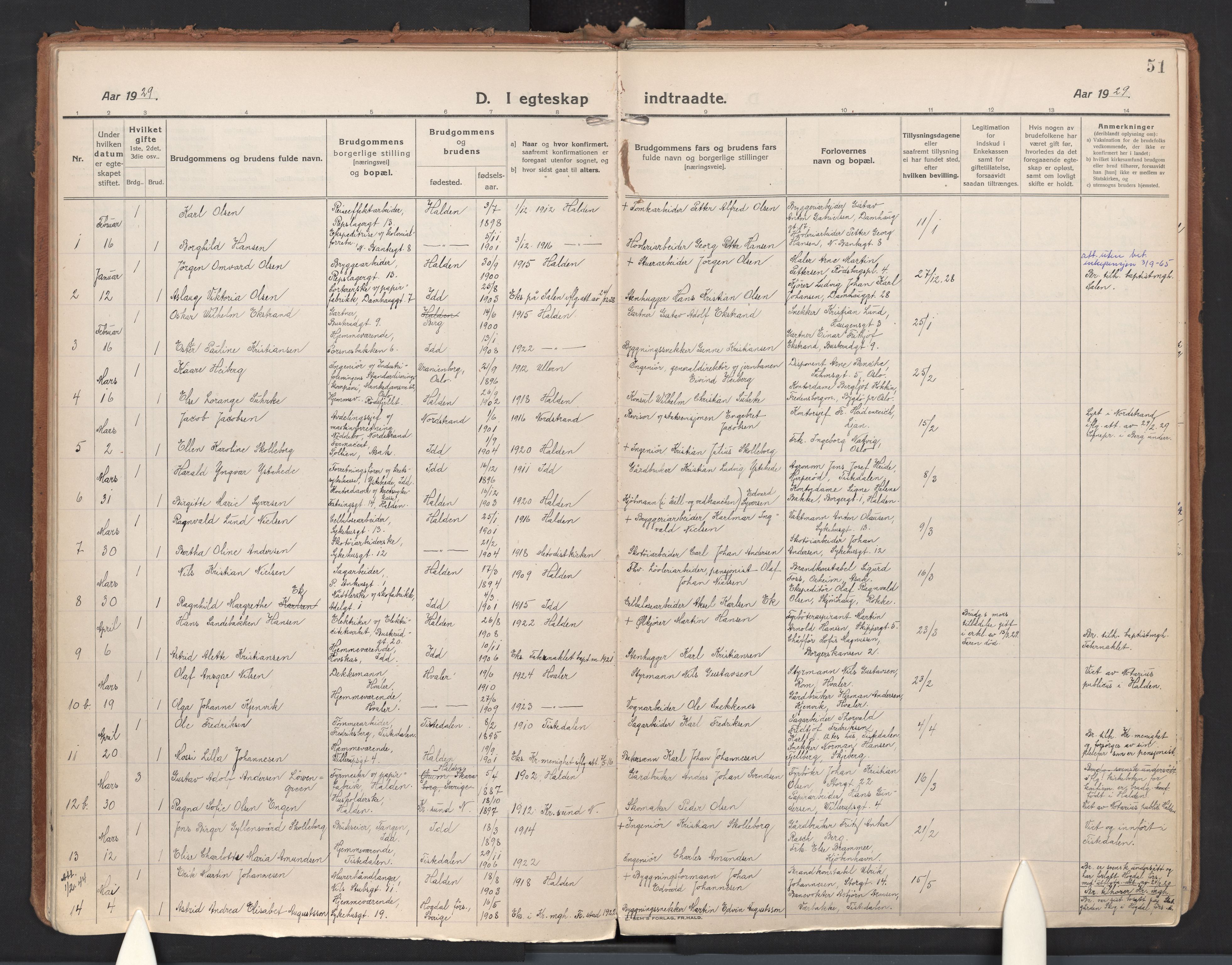 Halden prestekontor Kirkebøker, AV/SAO-A-10909/F/Fa/L0017: Parish register (official) no. I 17, 1921-1945, p. 51
