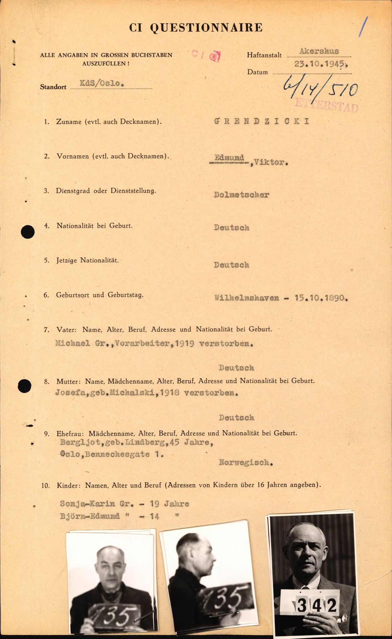 Forsvaret, Forsvarets overkommando II, AV/RA-RAFA-3915/D/Db/L0010: CI Questionaires. Tyske okkupasjonsstyrker i Norge. Tyskere., 1945-1946, p. 161