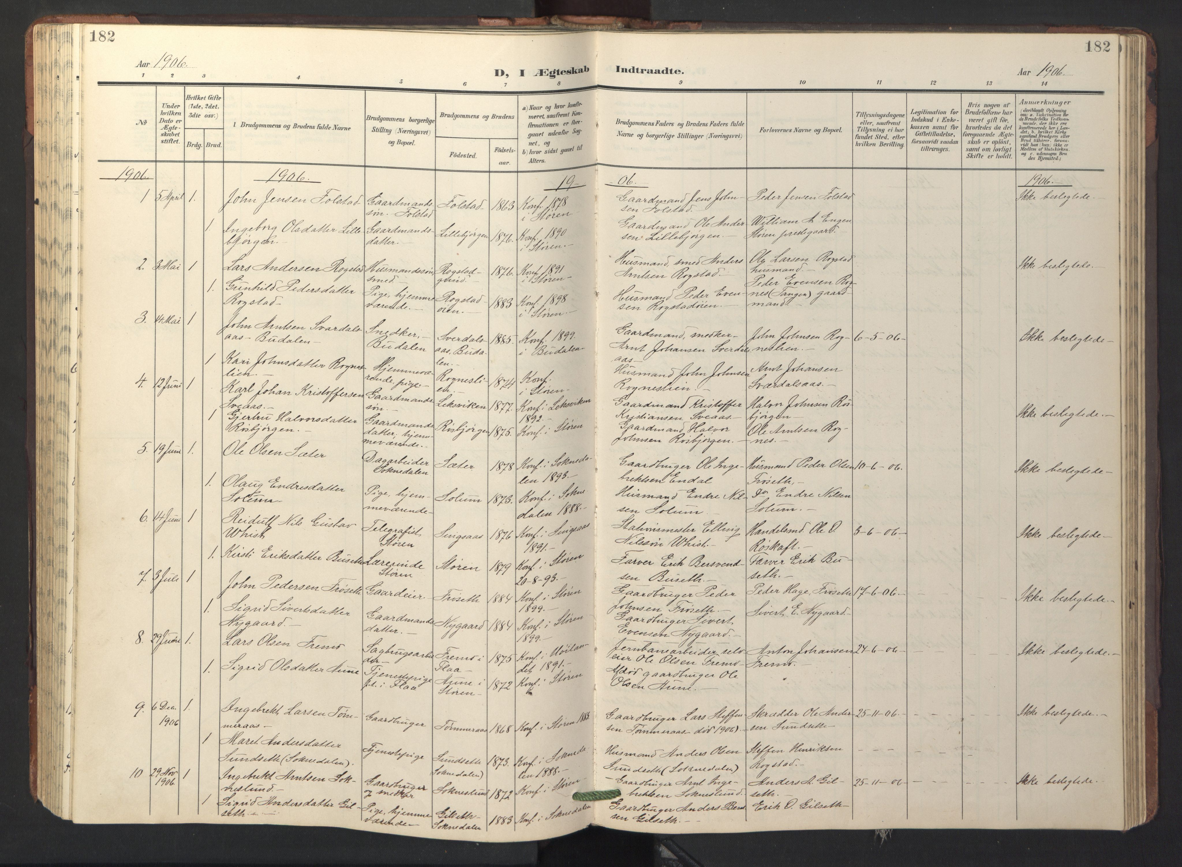 Ministerialprotokoller, klokkerbøker og fødselsregistre - Sør-Trøndelag, SAT/A-1456/687/L1019: Parish register (copy) no. 687C03, 1904-1931, p. 182