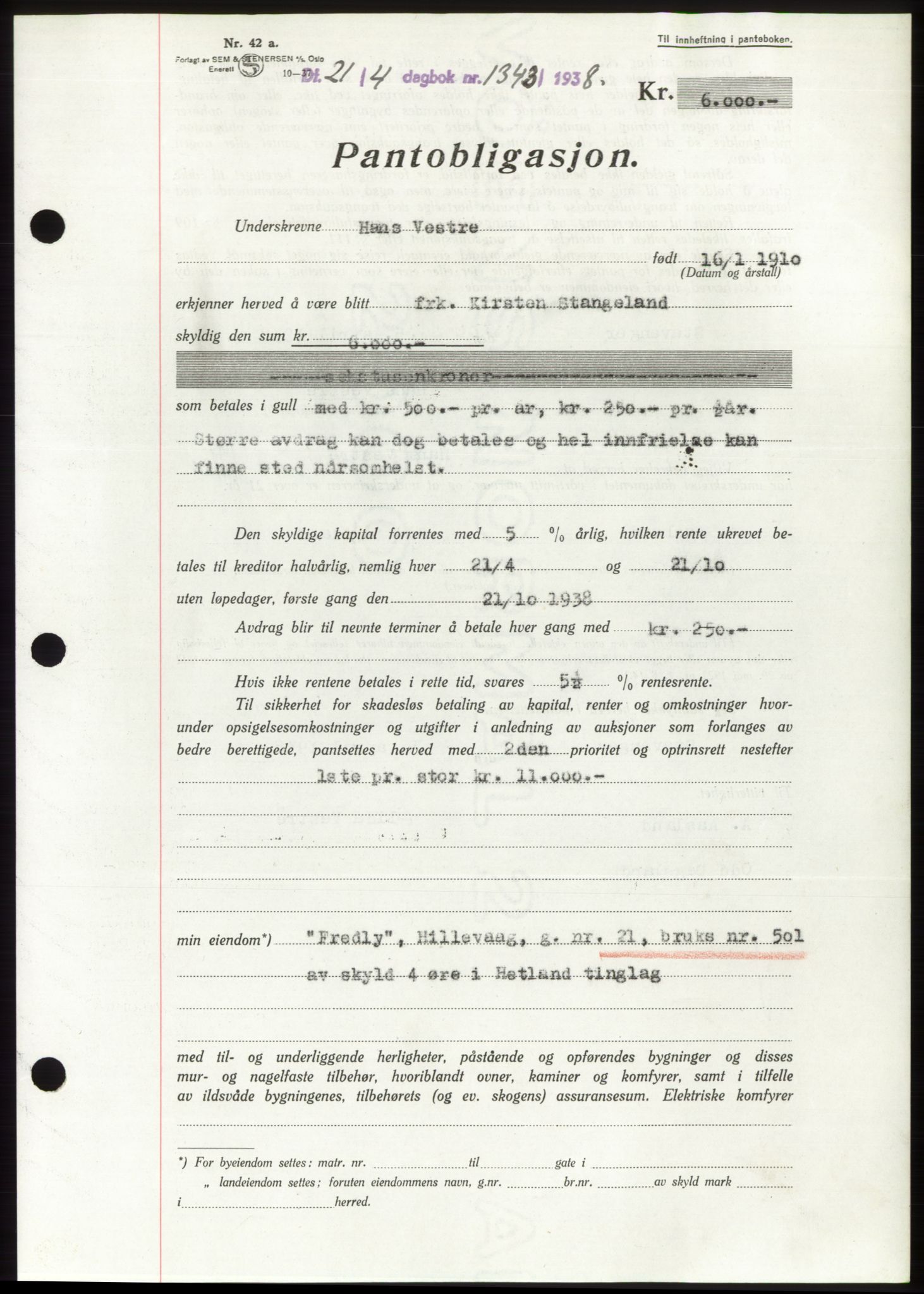 Jæren sorenskriveri, SAST/A-100310/03/G/Gba/L0070: Mortgage book, 1938-1938, Diary no: : 1343/1938