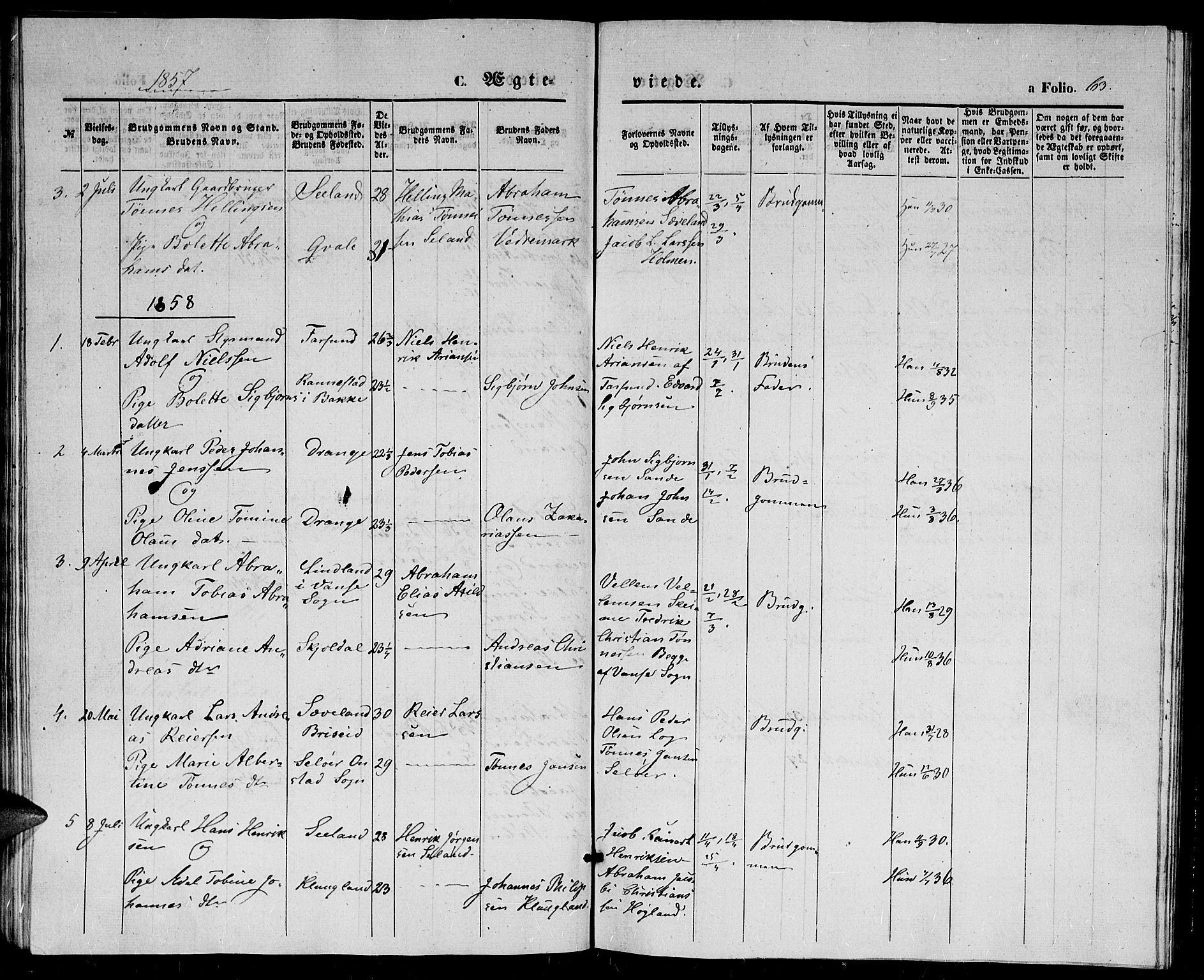 Herad sokneprestkontor, SAK/1111-0018/F/Fb/Fba/L0002: Parish register (copy) no. B 2, 1852-1862, p. 63