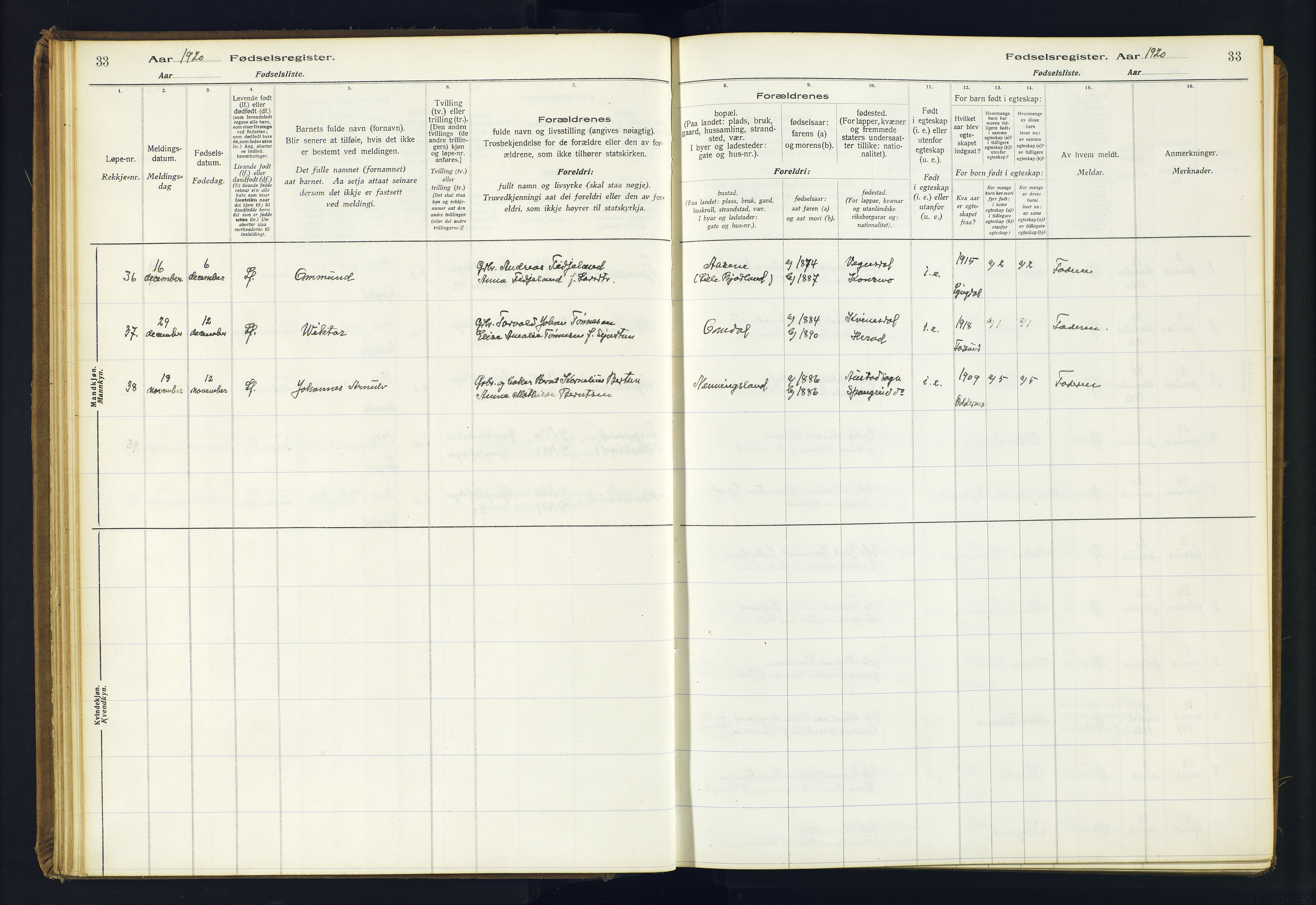 Lyngdal sokneprestkontor, AV/SAK-1111-0029/J/Ja/L0001: Birth register no. A-VI-26, 1916-1951, p. 33