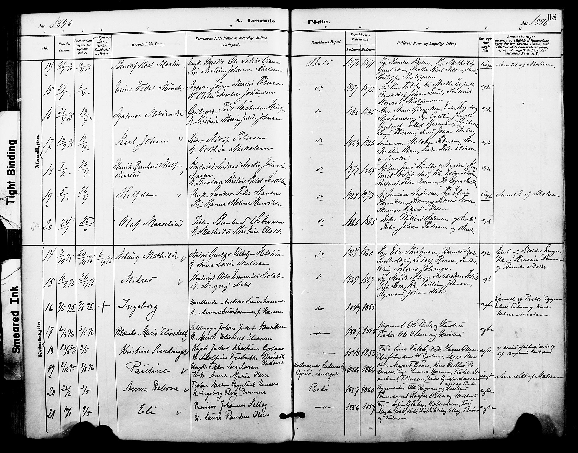 Ministerialprotokoller, klokkerbøker og fødselsregistre - Nordland, AV/SAT-A-1459/801/L0010: Parish register (official) no. 801A10, 1888-1899, p. 98